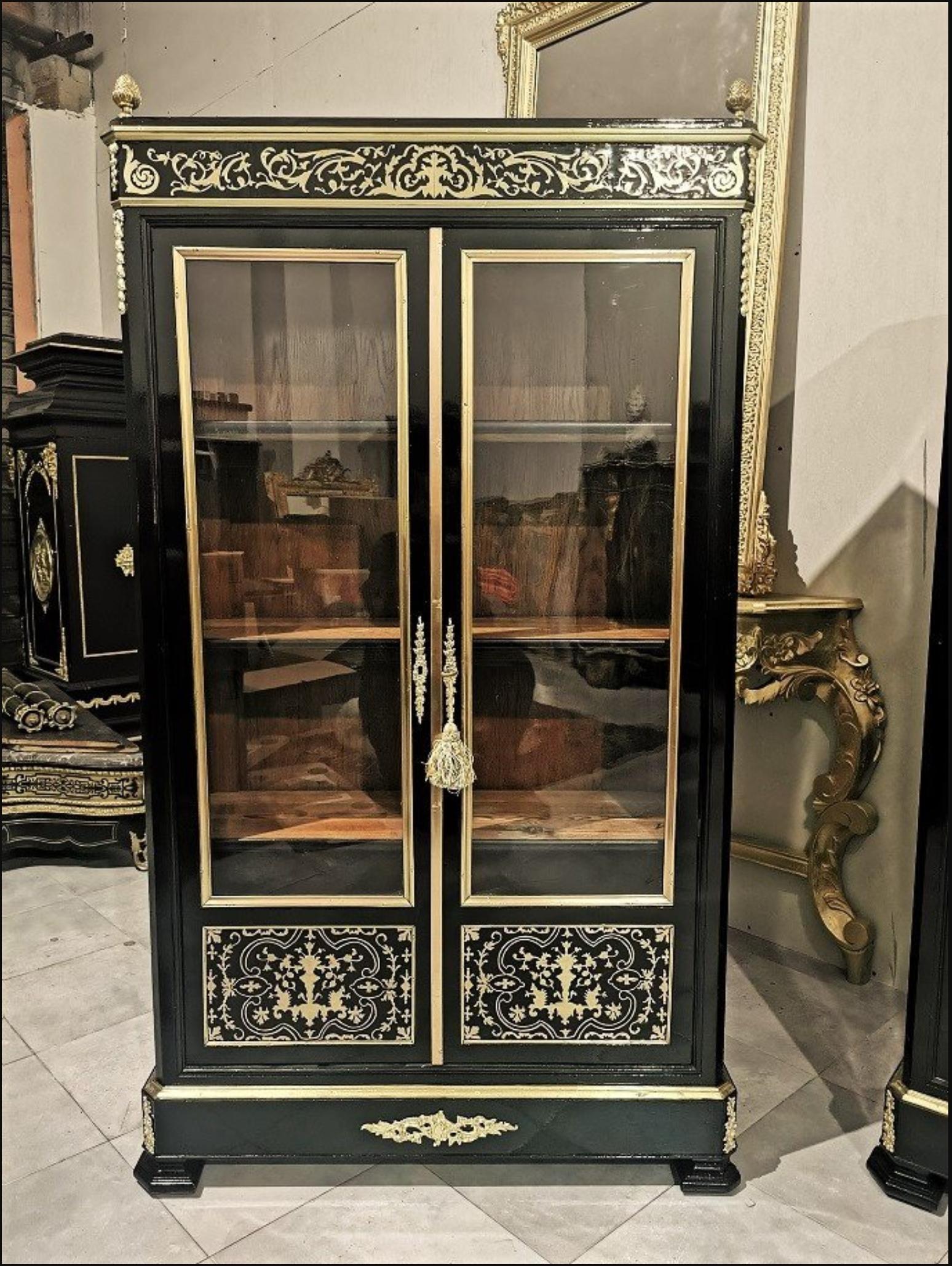 French Pair of Boulle Style Marquetry Napoleon III Vitrines Bookcases, France, 1855