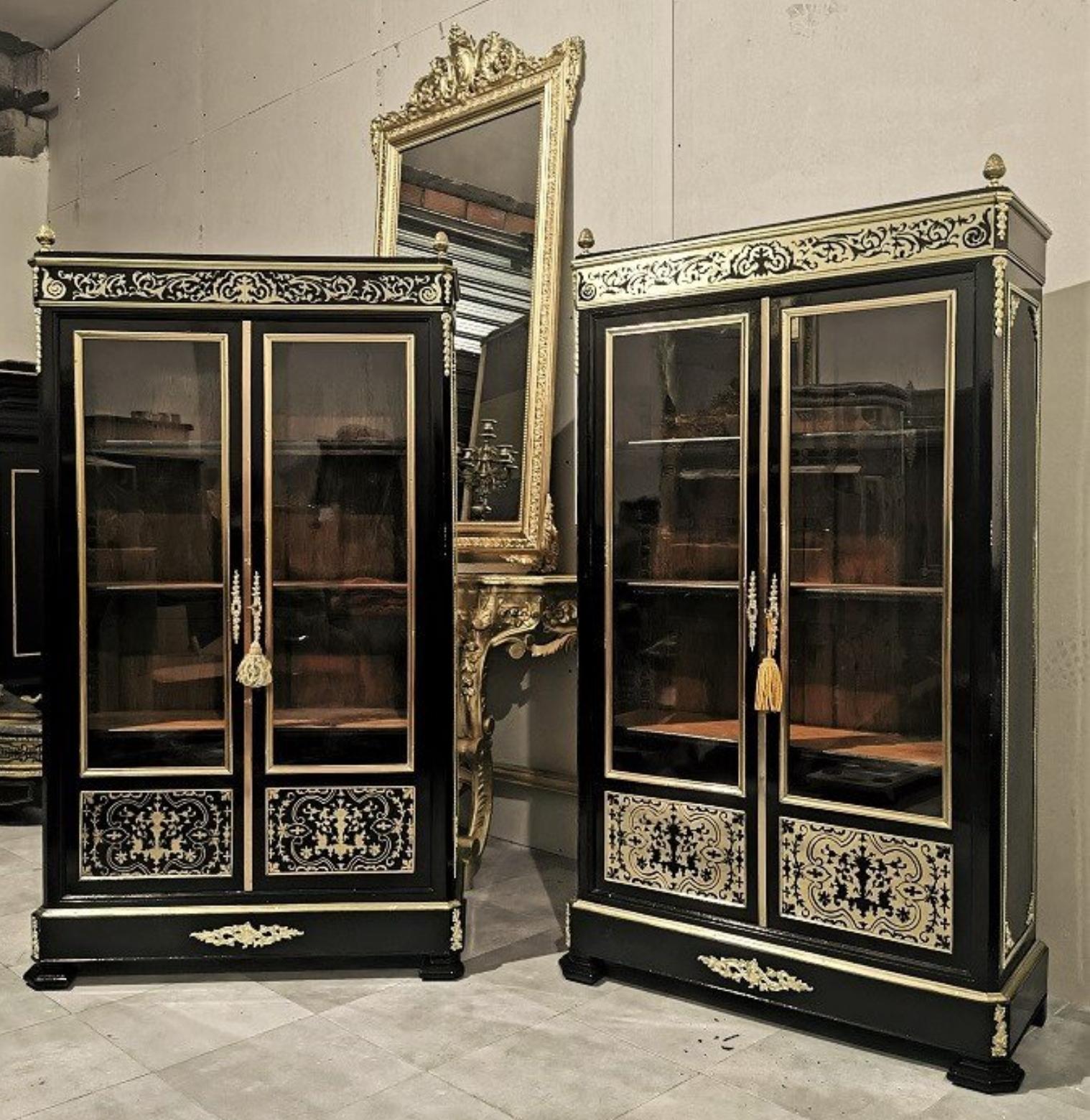 Gilt Pair of Boulle Style Marquetry Napoleon III Vitrines Bookcases, France, 1855