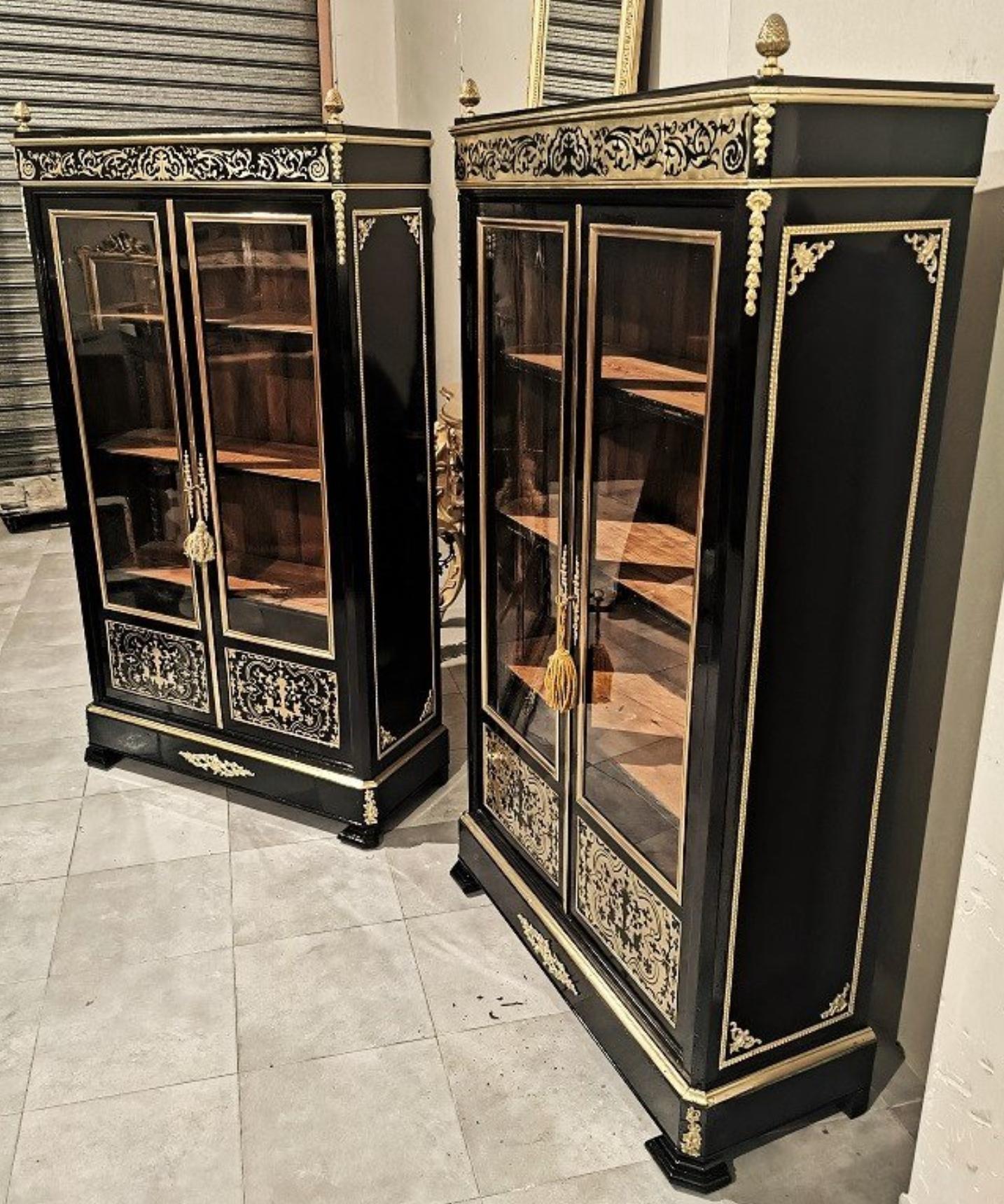 Mid-19th Century Pair of Boulle Style Marquetry Napoleon III Vitrines Bookcases, France, 1855