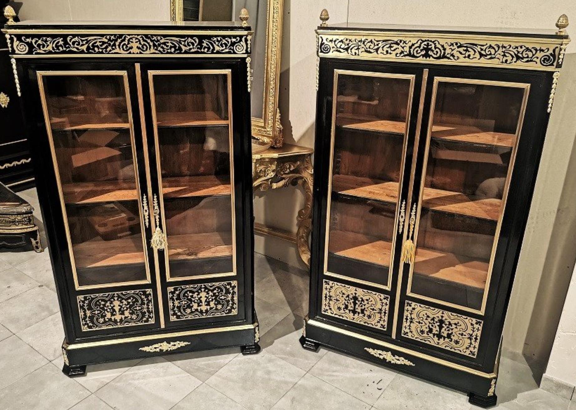 Brass Pair of Boulle Style Marquetry Napoleon III Vitrines Bookcases, France, 1855