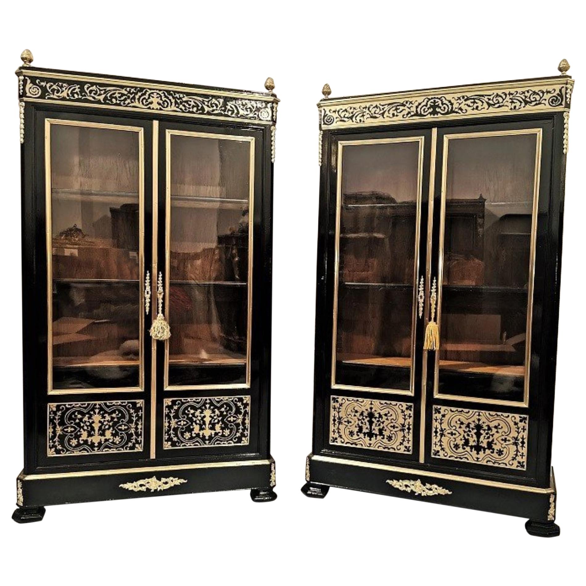 Pair of Boulle Style Marquetry Napoleon III Vitrines Bookcases, France, 1855