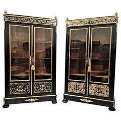 Antique Pair of Boulle Style Marquetry Napoleon III Vitrines Bookcases, France, 1855