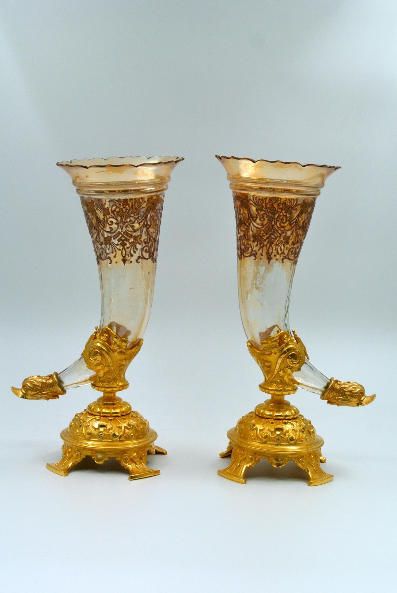 Pair of Bouquetières, Enameled Gilt Bronze and Crystal Vases 4