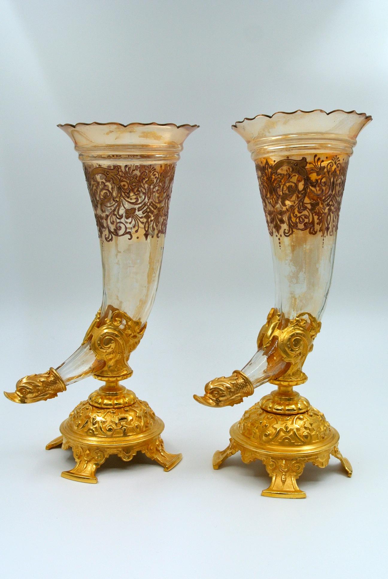 Pair of Bouquetières, Enameled Gilt Bronze and Crystal Vases 5