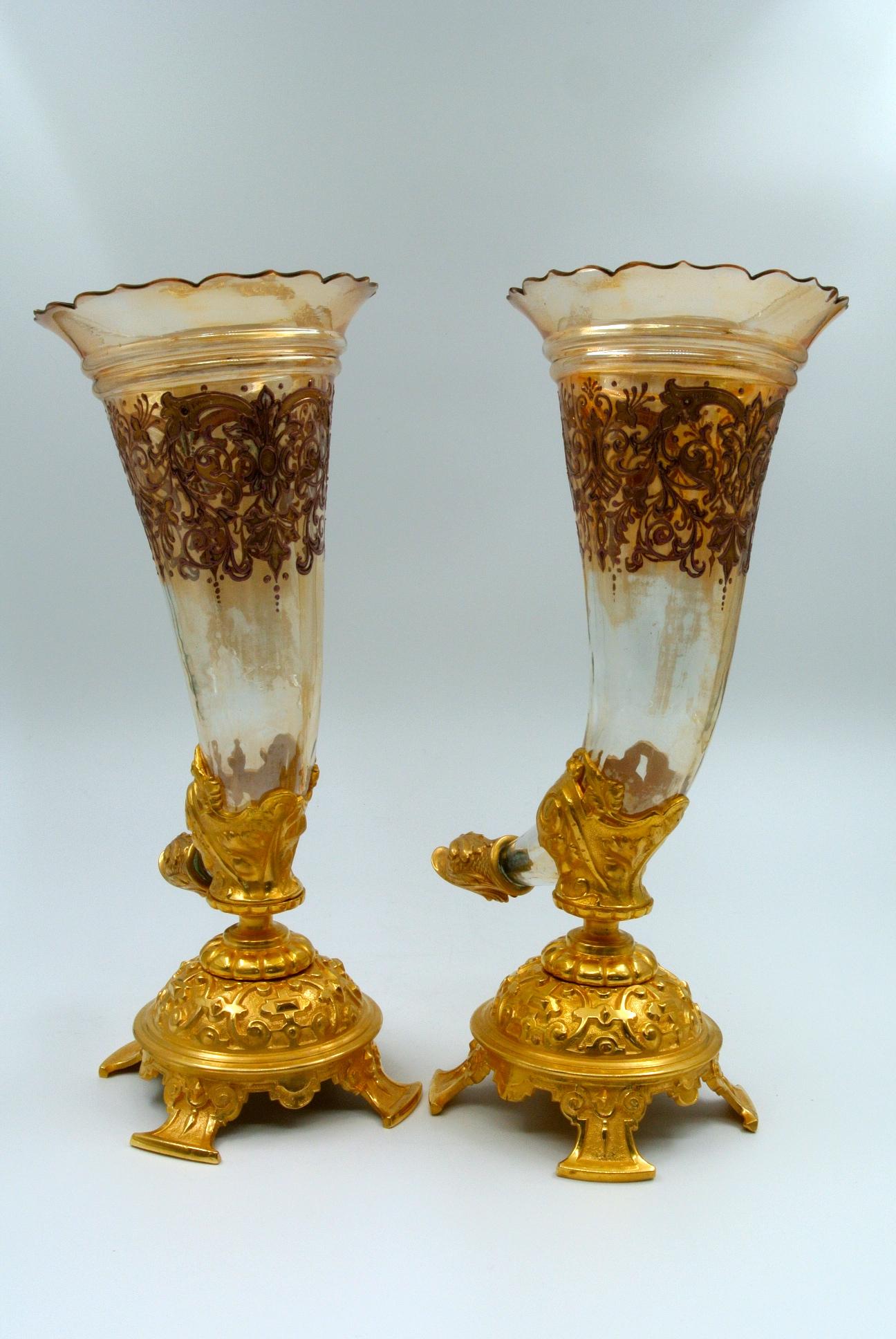 Pair of Bouquetières, Enameled Gilt Bronze and Crystal Vases 6