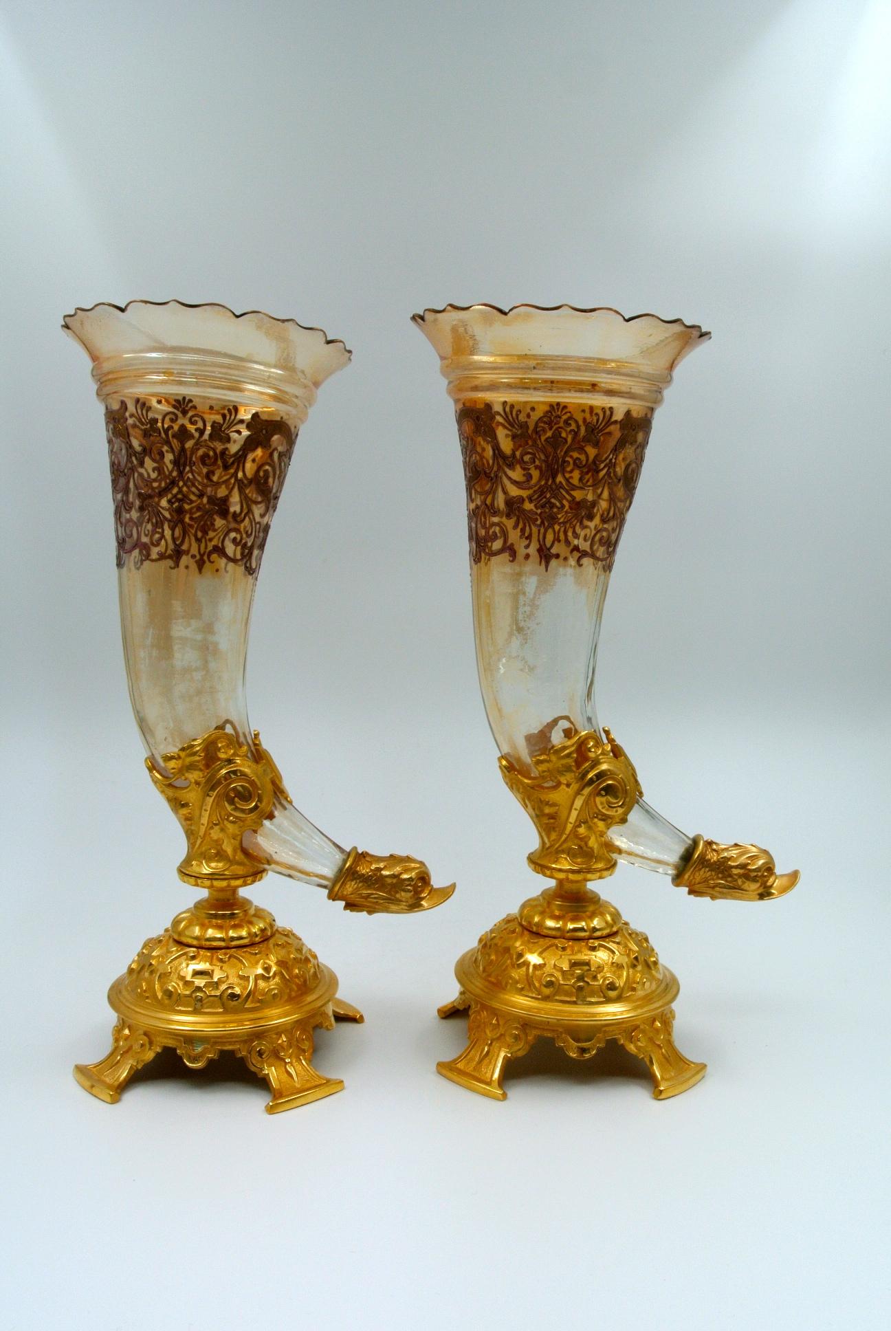 Pair of Bouquetières, Enameled Gilt Bronze and Crystal Vases 7