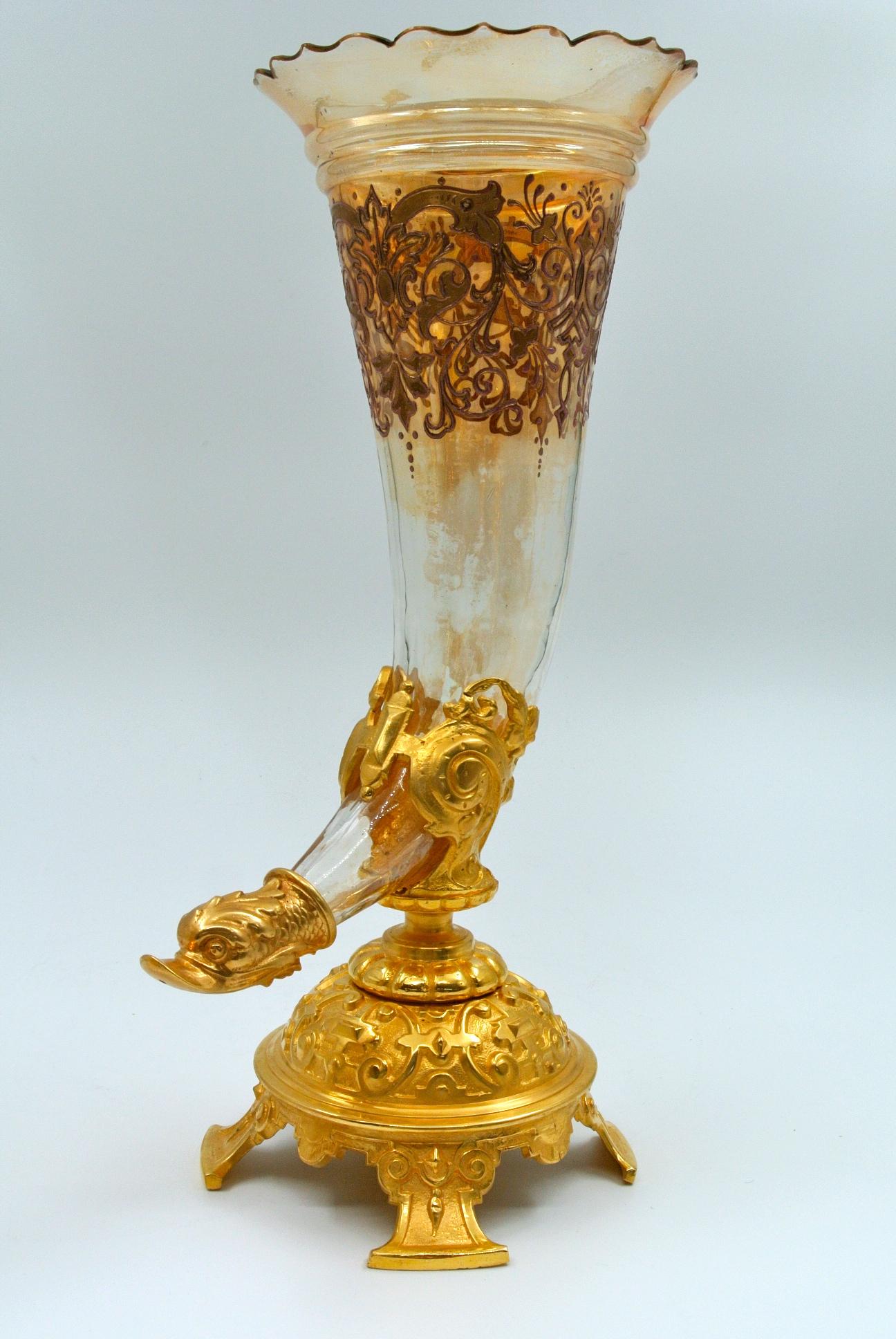 Pair of Bouquetières, Enameled Gilt Bronze and Crystal Vases 9