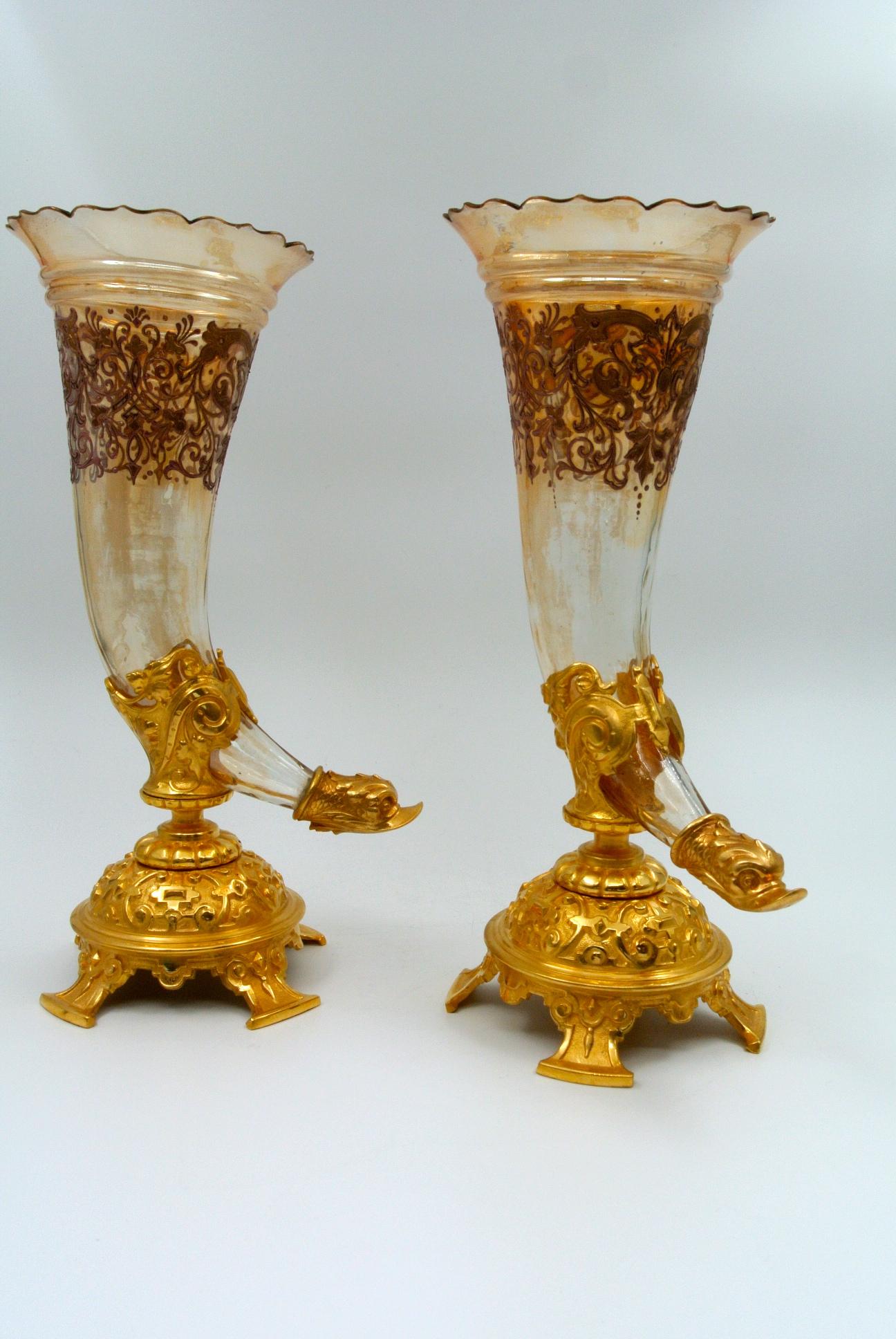 Napoleon III Pair of Bouquetières, Enameled Gilt Bronze and Crystal Vases