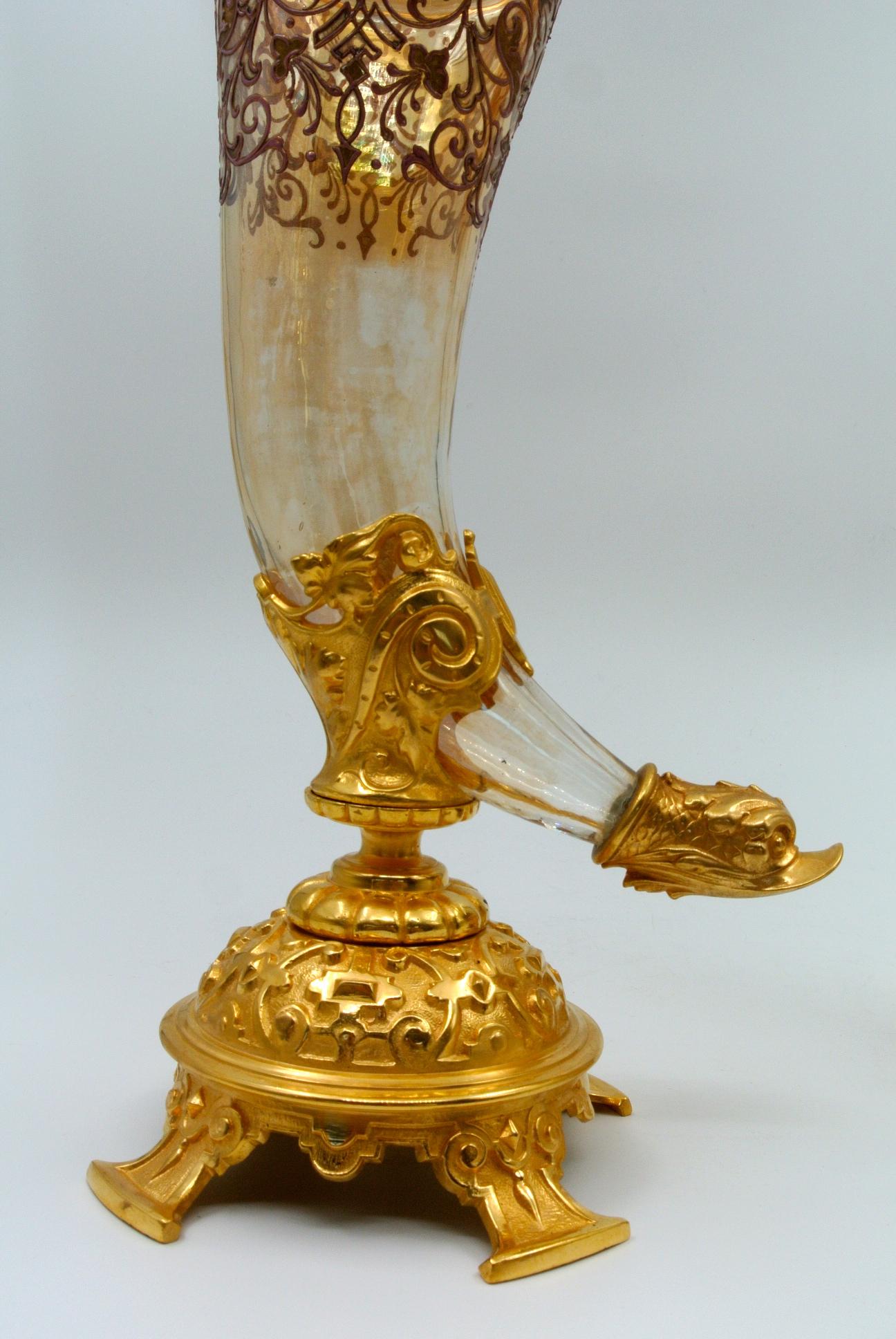 European Pair of Bouquetières, Enameled Gilt Bronze and Crystal Vases