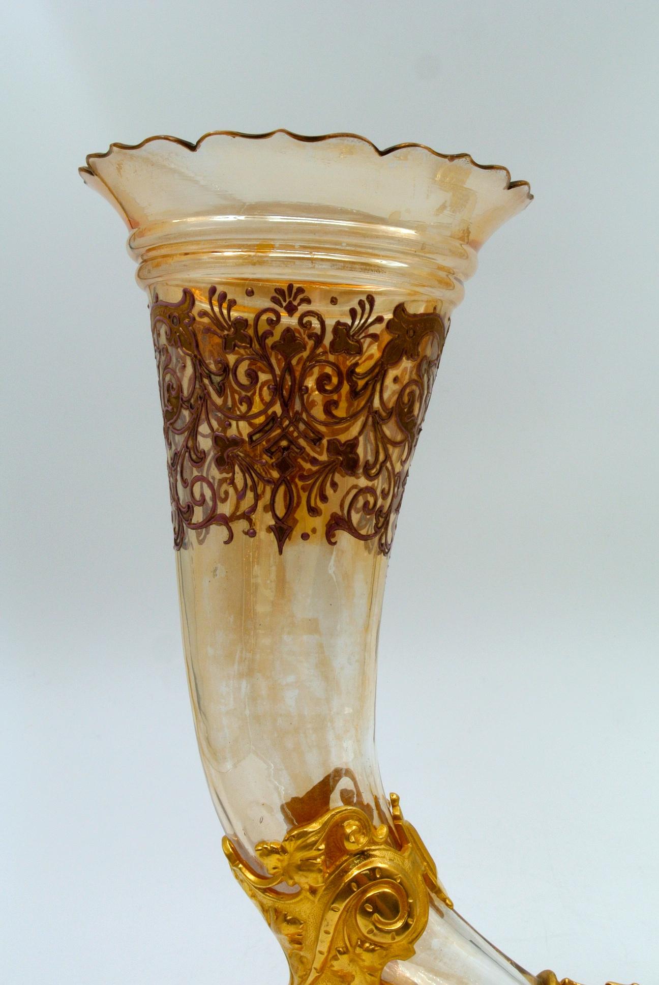 Pair of Bouquetières, Enameled Gilt Bronze and Crystal Vases In Good Condition In Saint-Ouen, FR