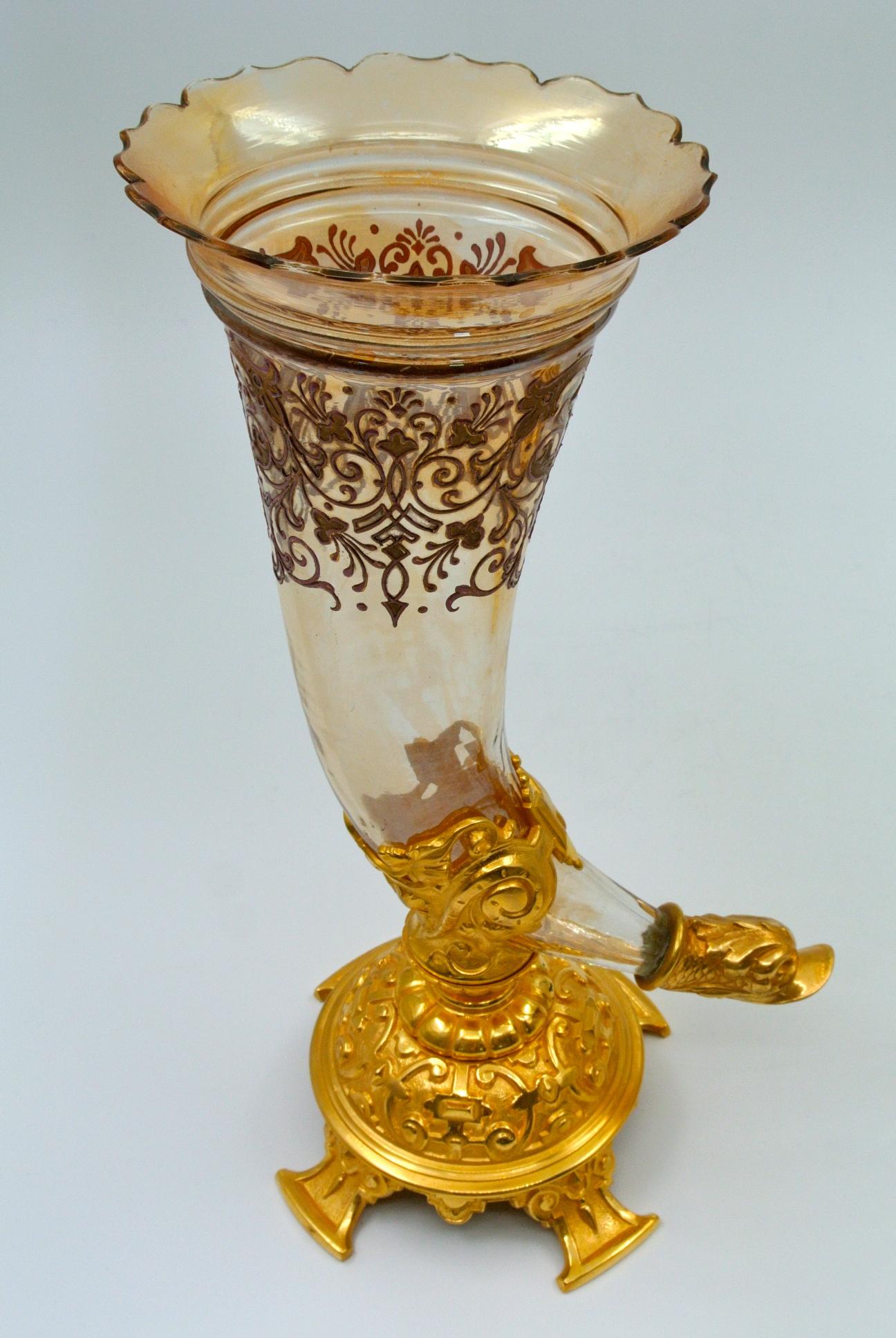 Pair of Bouquetières, Enameled Gilt Bronze and Crystal Vases 1