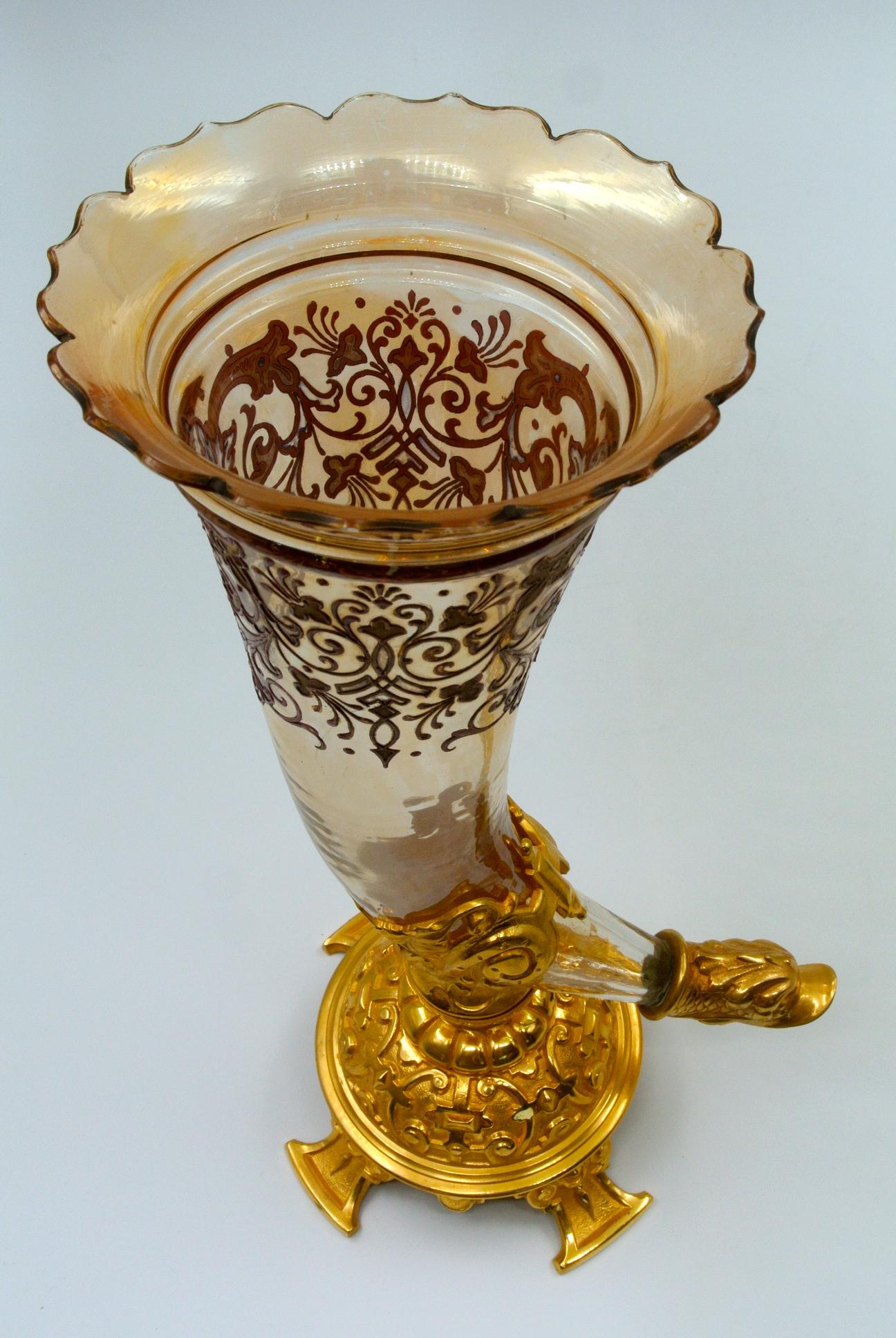 Pair of Bouquetières, Enameled Gilt Bronze and Crystal Vases 2