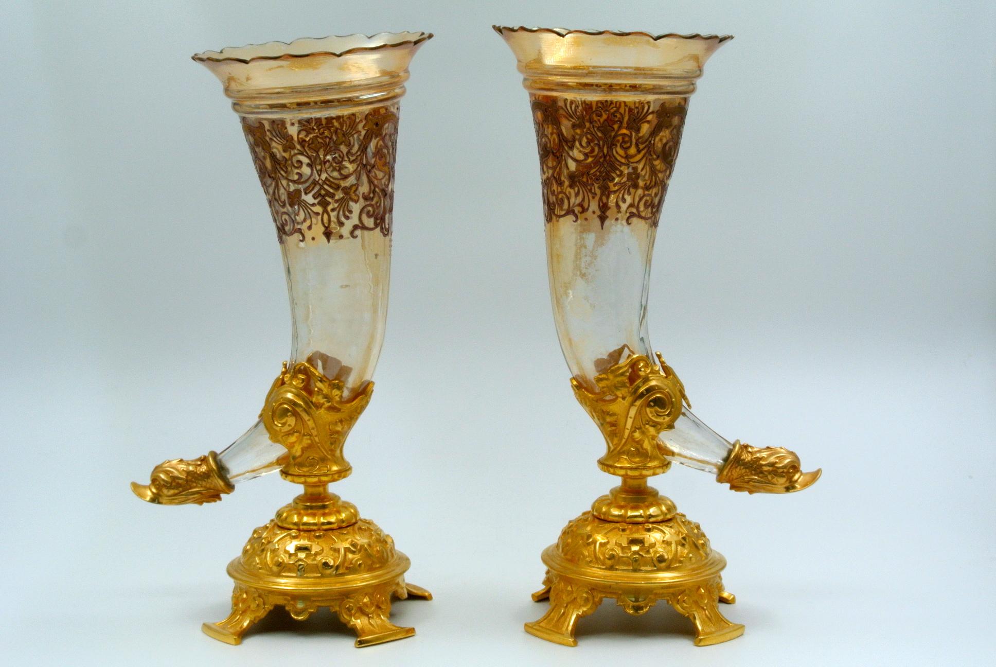 Pair of Bouquetières, Enameled Gilt Bronze and Crystal Vases 3