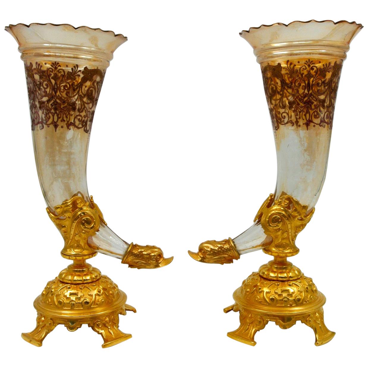 Pair of Bouquetières, Enameled Gilt Bronze and Crystal Vases