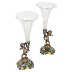 Pair of Bouquetières in Chased Crystal and Silver and Gilt Bronze, 19th Century.