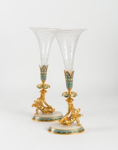 Pair of Bouquetières in Golden Bronze, Partitioned and Engraved Crystal