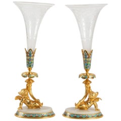 Pair of Bouquetières in Golden Bronze, Partitioned and Engraved Crystal