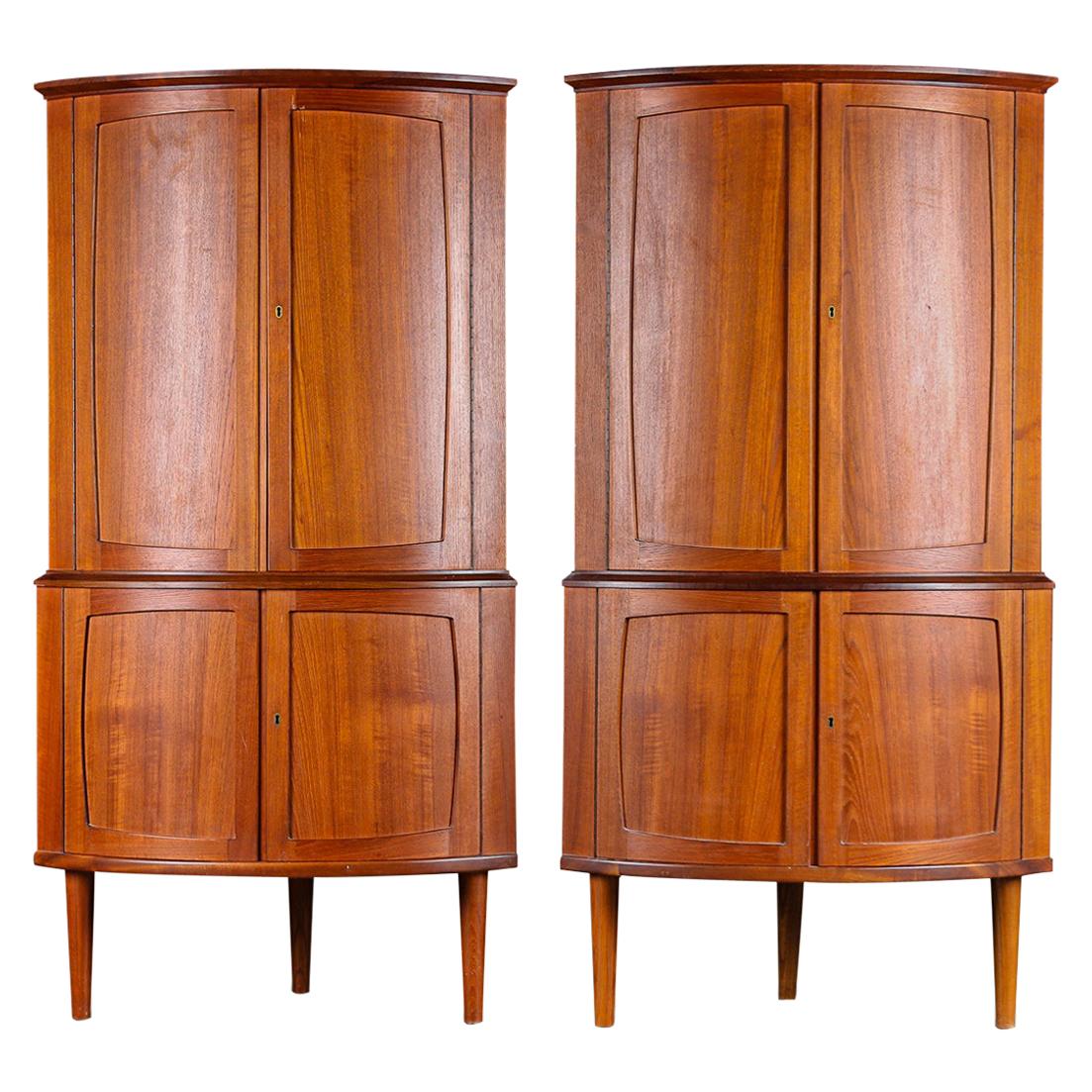 Pair of Bow Front Teak Corner Cabinets