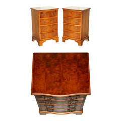 Pair of Bow Fronted Burr Yew Wood Bed Side Table Sized Side End Chest of Drawers