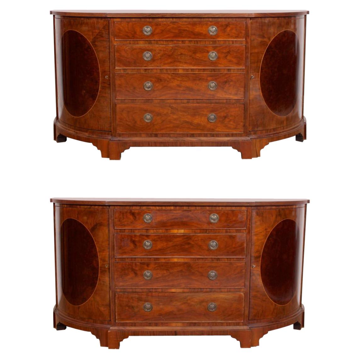 Pair of Bowfront Burl Walnut Sideboards Cabinets For Sale
