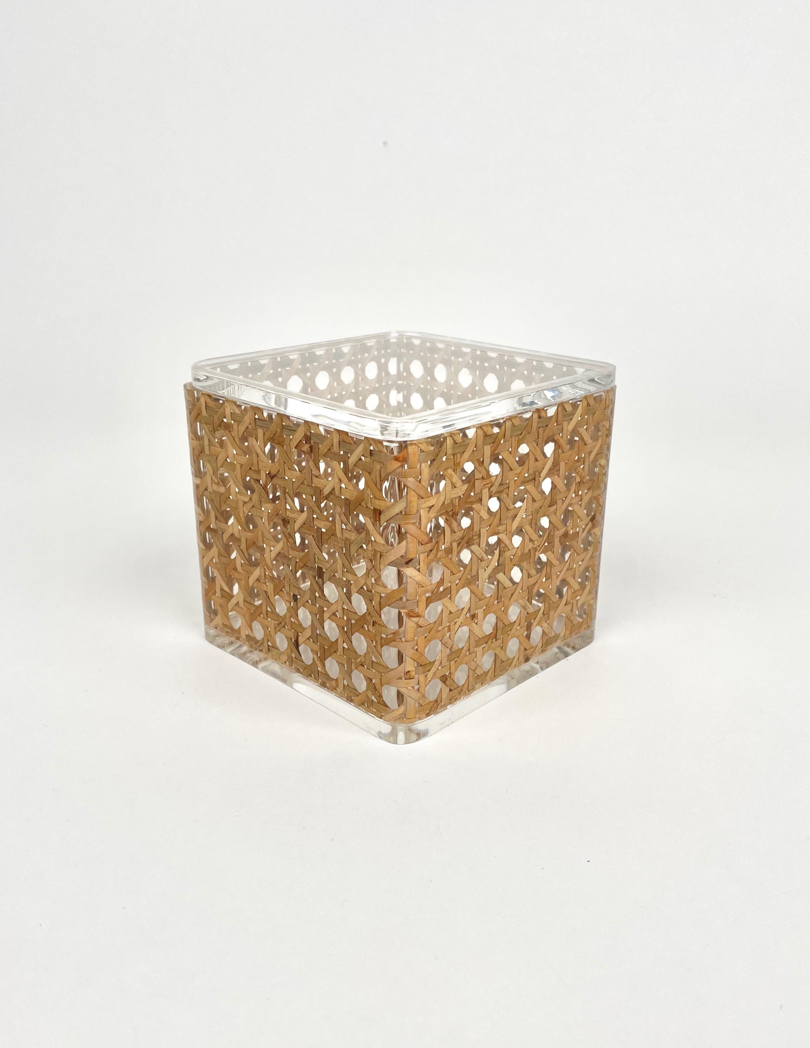 Wicker Pair of Box in Lucite & Rattan Christian Dior Home Style, Italy, 1970s For Sale