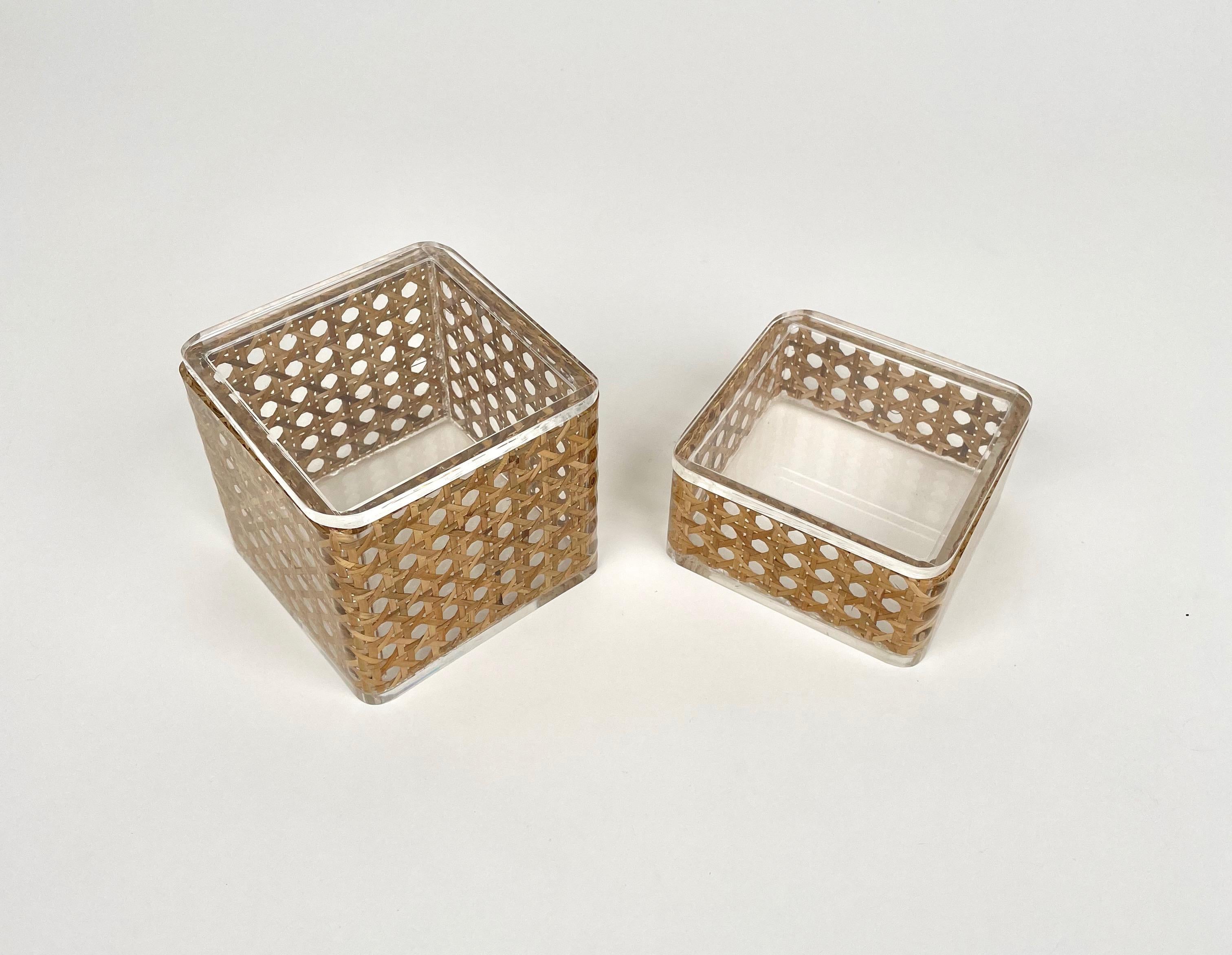 Mid-Century Modern Pair of Box in Lucite & Rattan Christian Dior Home Style, Italy, 1970s For Sale