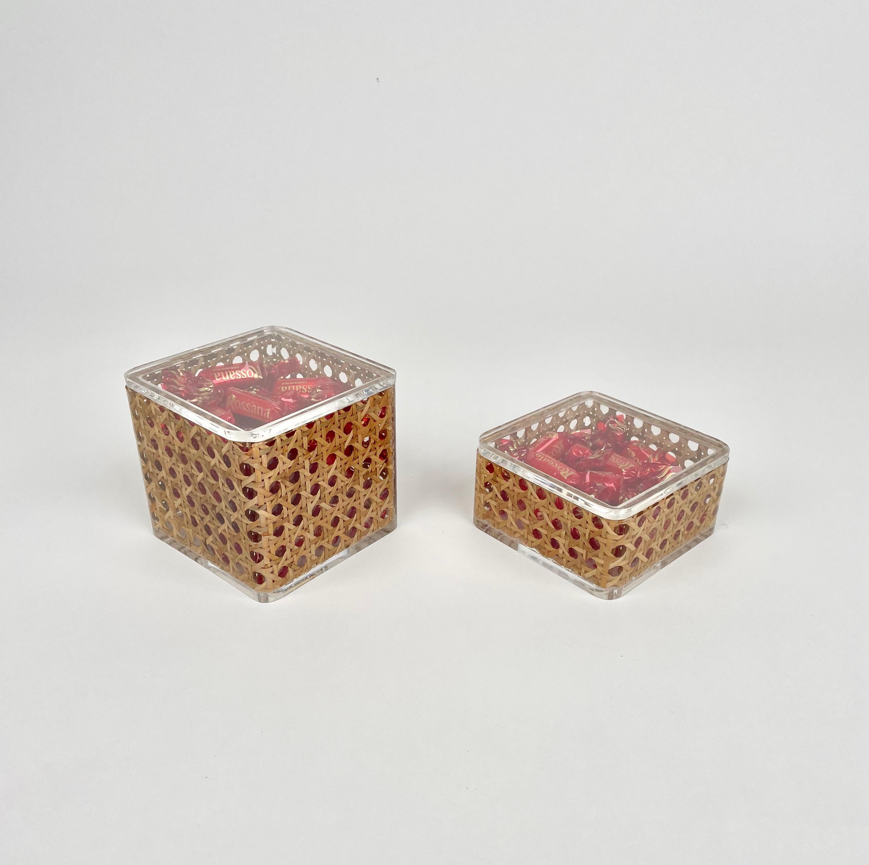 Italian Pair of Box in Lucite & Rattan Christian Dior Home Style, Italy, 1970s For Sale