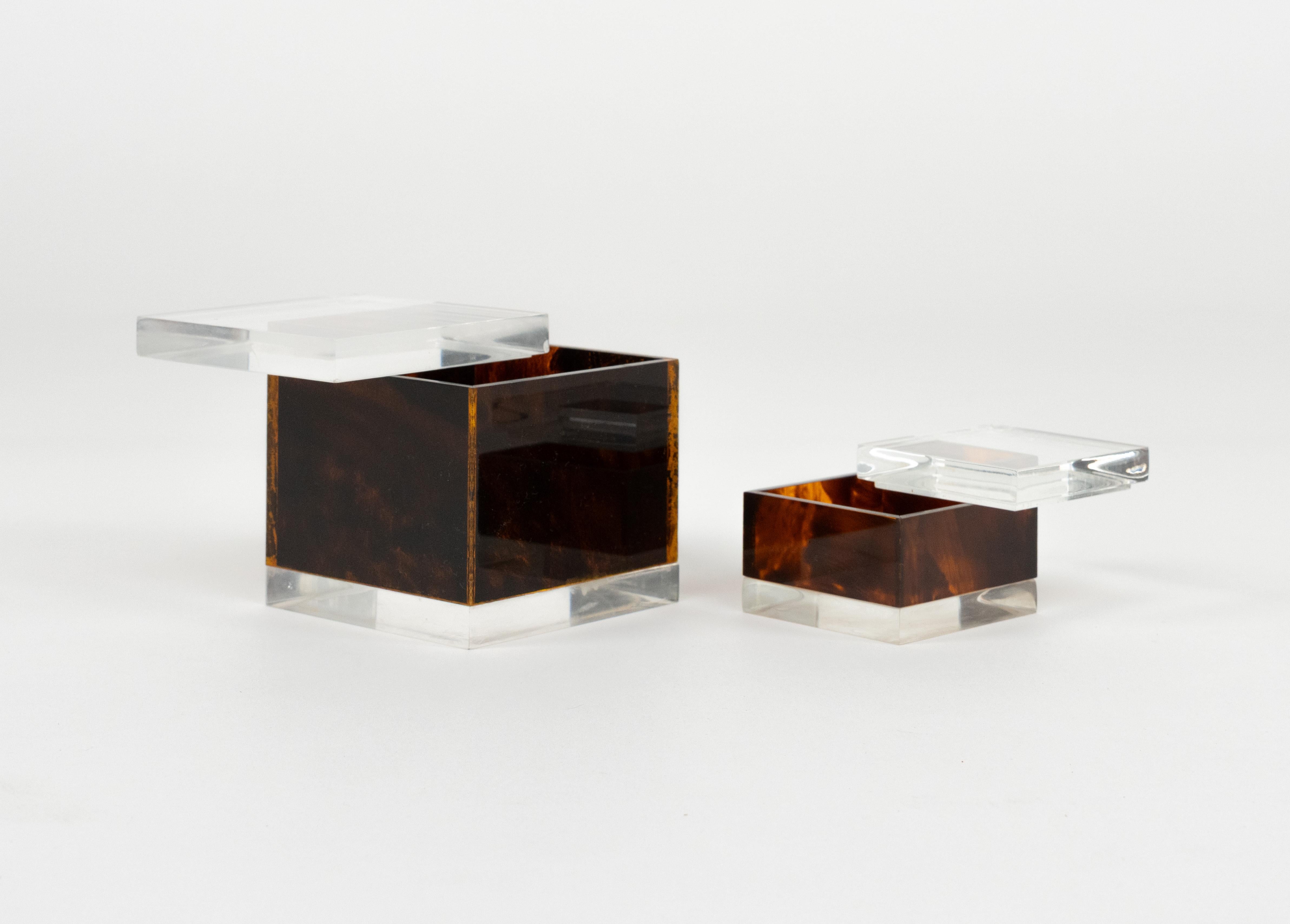 Late 20th Century Pair of Box in Tortoiseshell Effect Lucite Christian Dior Style, Italy, 1970s For Sale