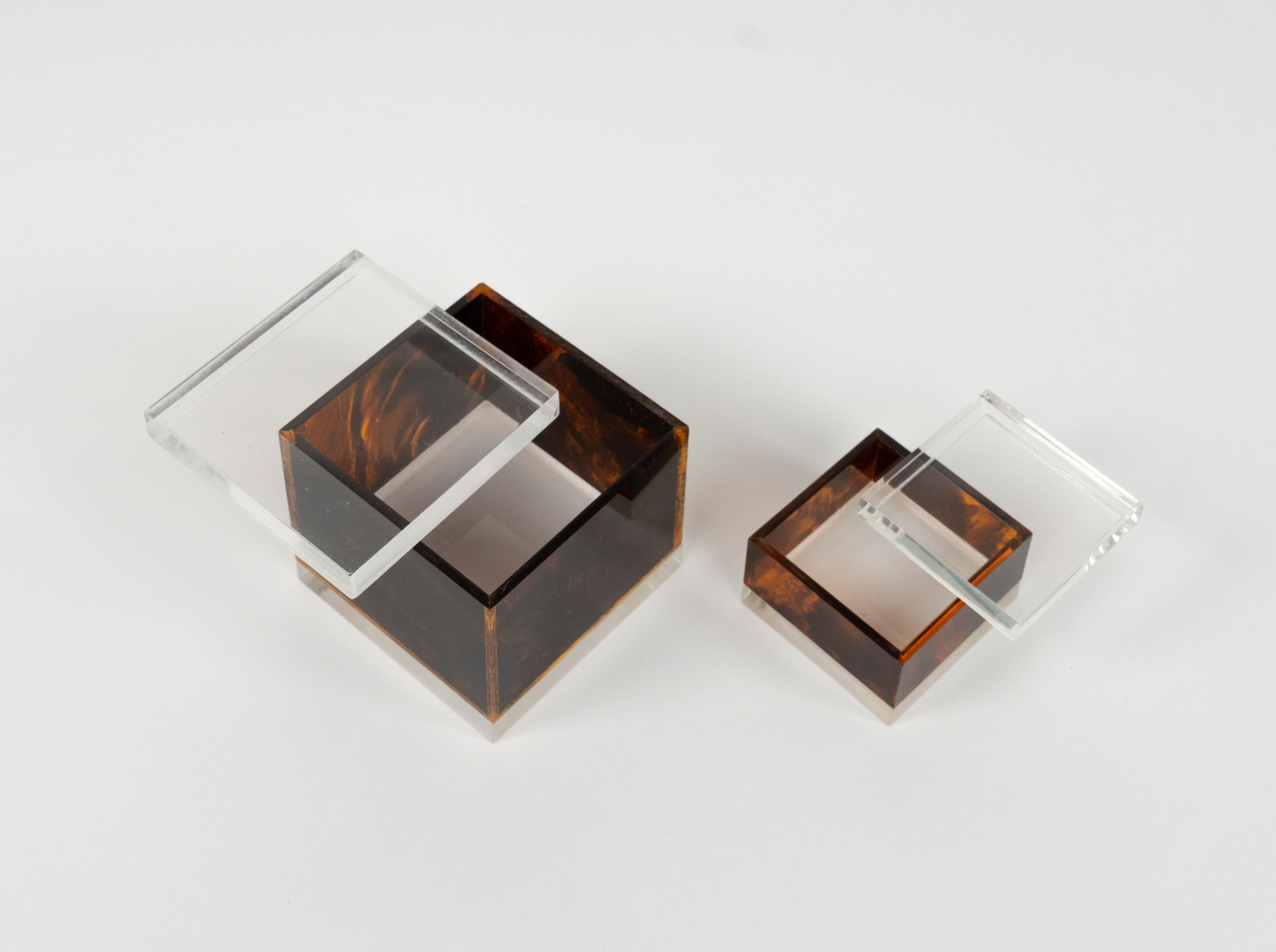 Acrylic Pair of Box in Tortoiseshell Effect Lucite Christian Dior Style, Italy, 1970s For Sale