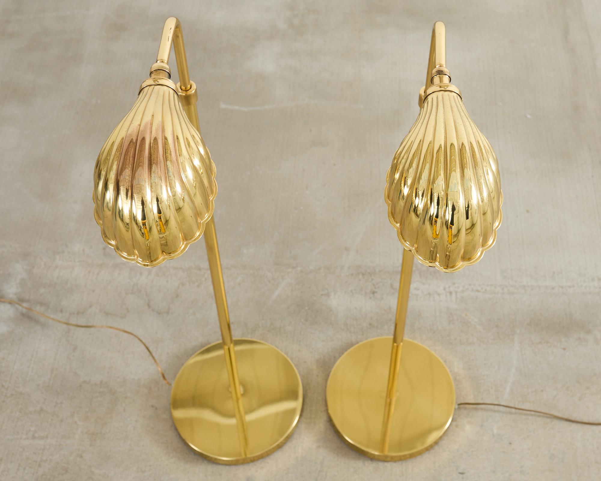 Pair of Boyd Pharmacy Style Brass Venetian Shell Floor Lamps In Good Condition In Rio Vista, CA