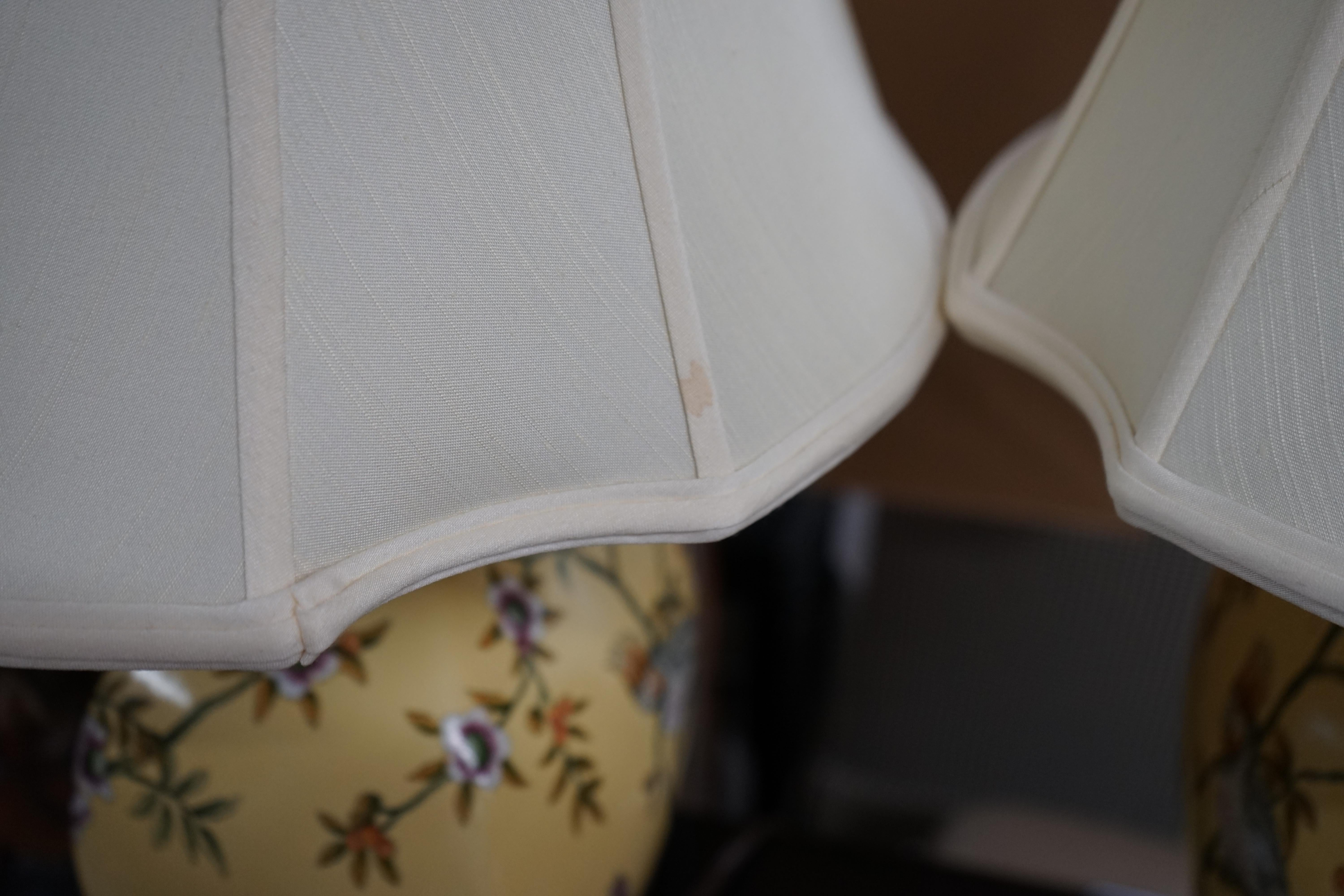 Pair of Bradburn Hand Painted Yellow Ceramic Table Lamps with Birds and Flora For Sale 8