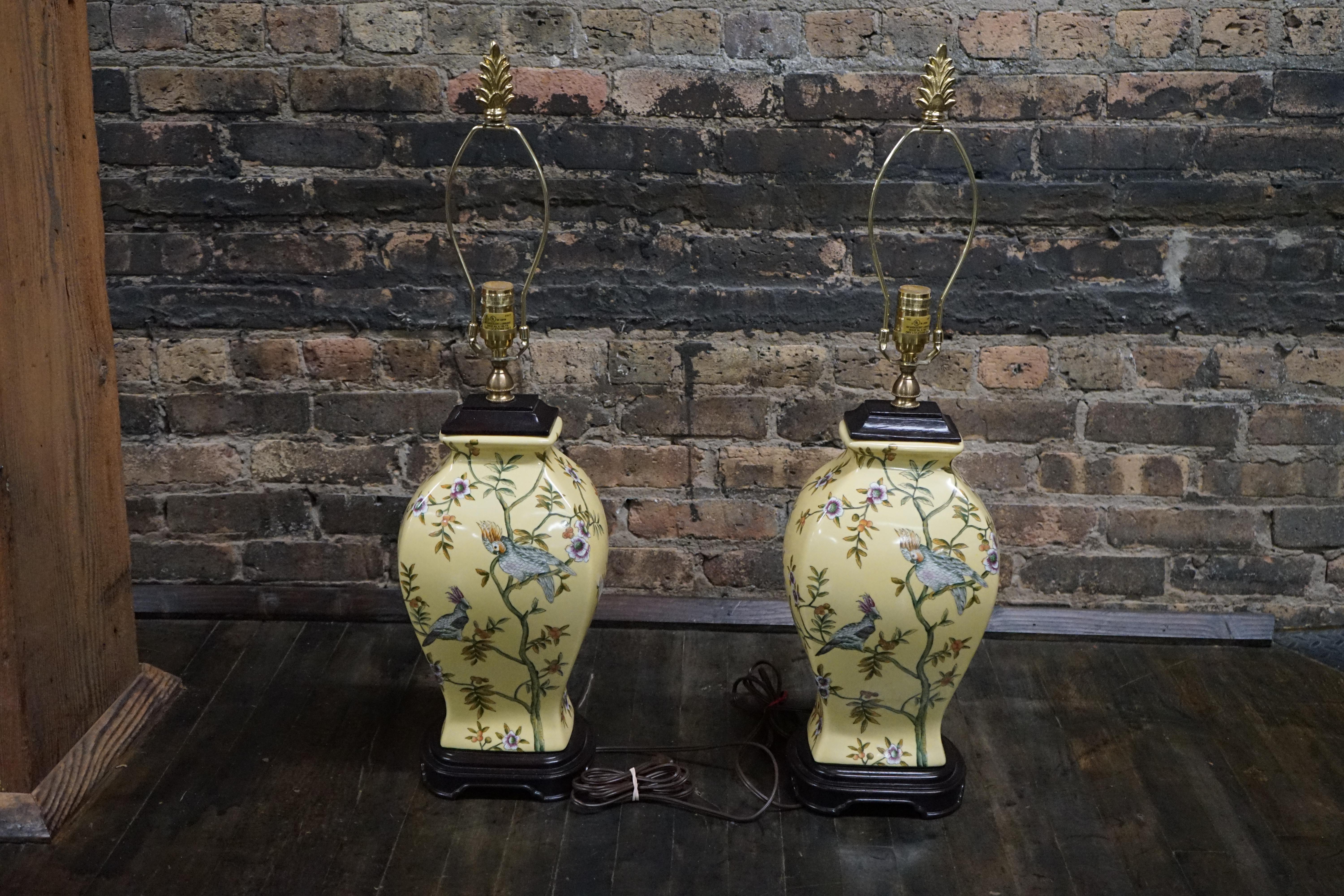 Chinoiserie Pair of Bradburn Hand Painted Yellow Ceramic Table Lamps with Birds and Flora For Sale