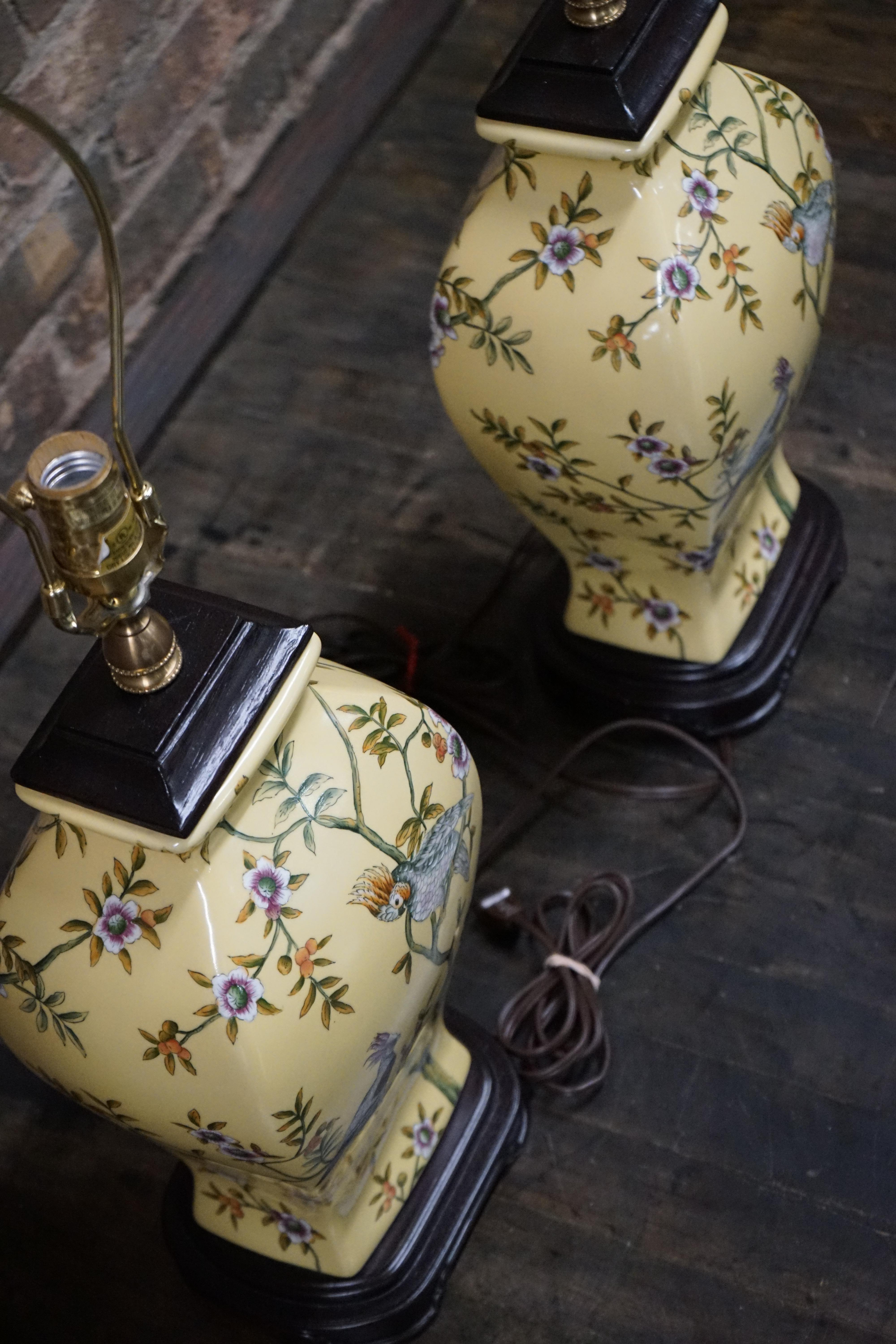 American Pair of Bradburn Hand Painted Yellow Ceramic Table Lamps with Birds and Flora For Sale