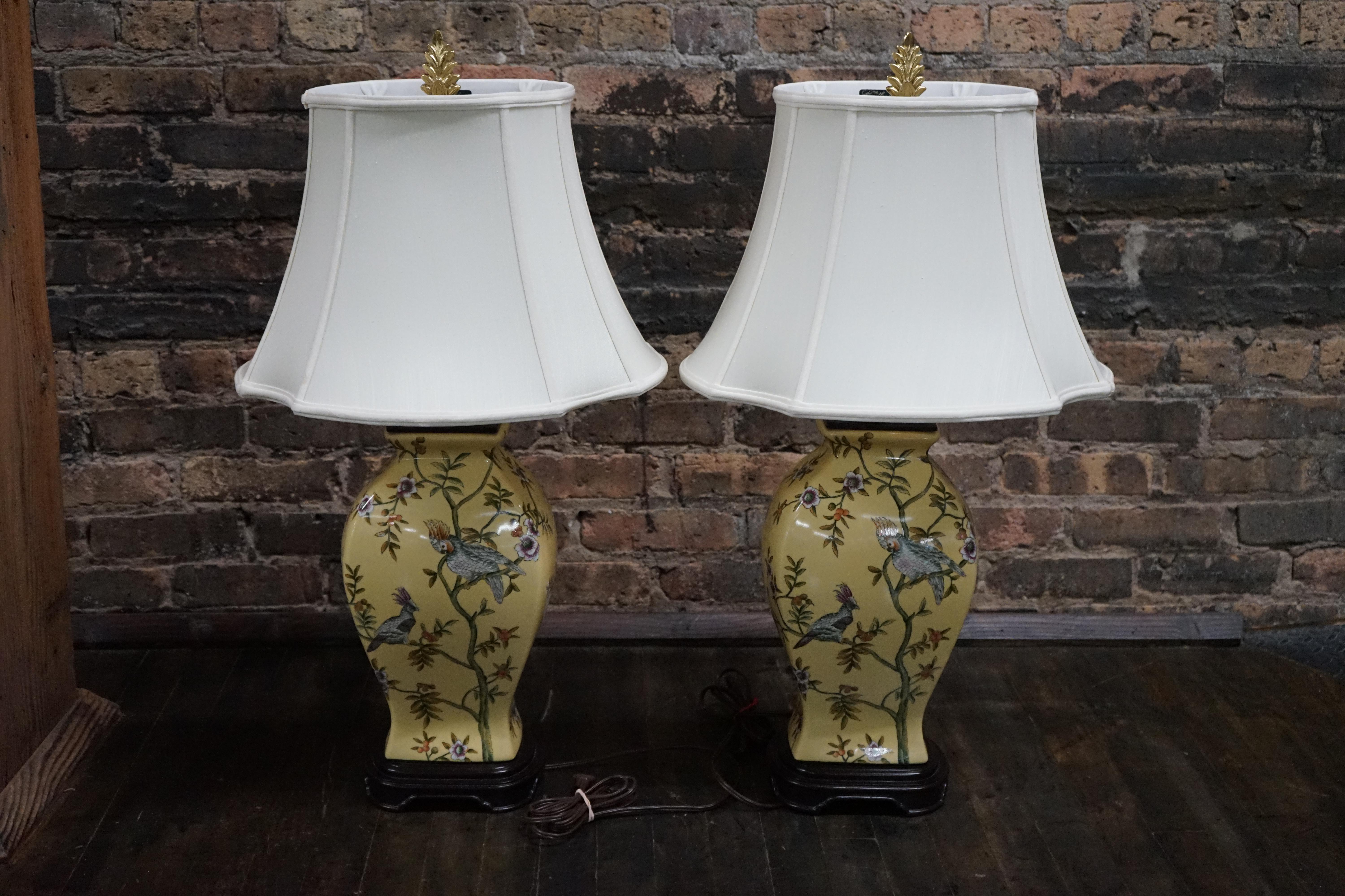 Pair of Bradburn Hand Painted Yellow Ceramic Table Lamps with Birds and Flora For Sale 1