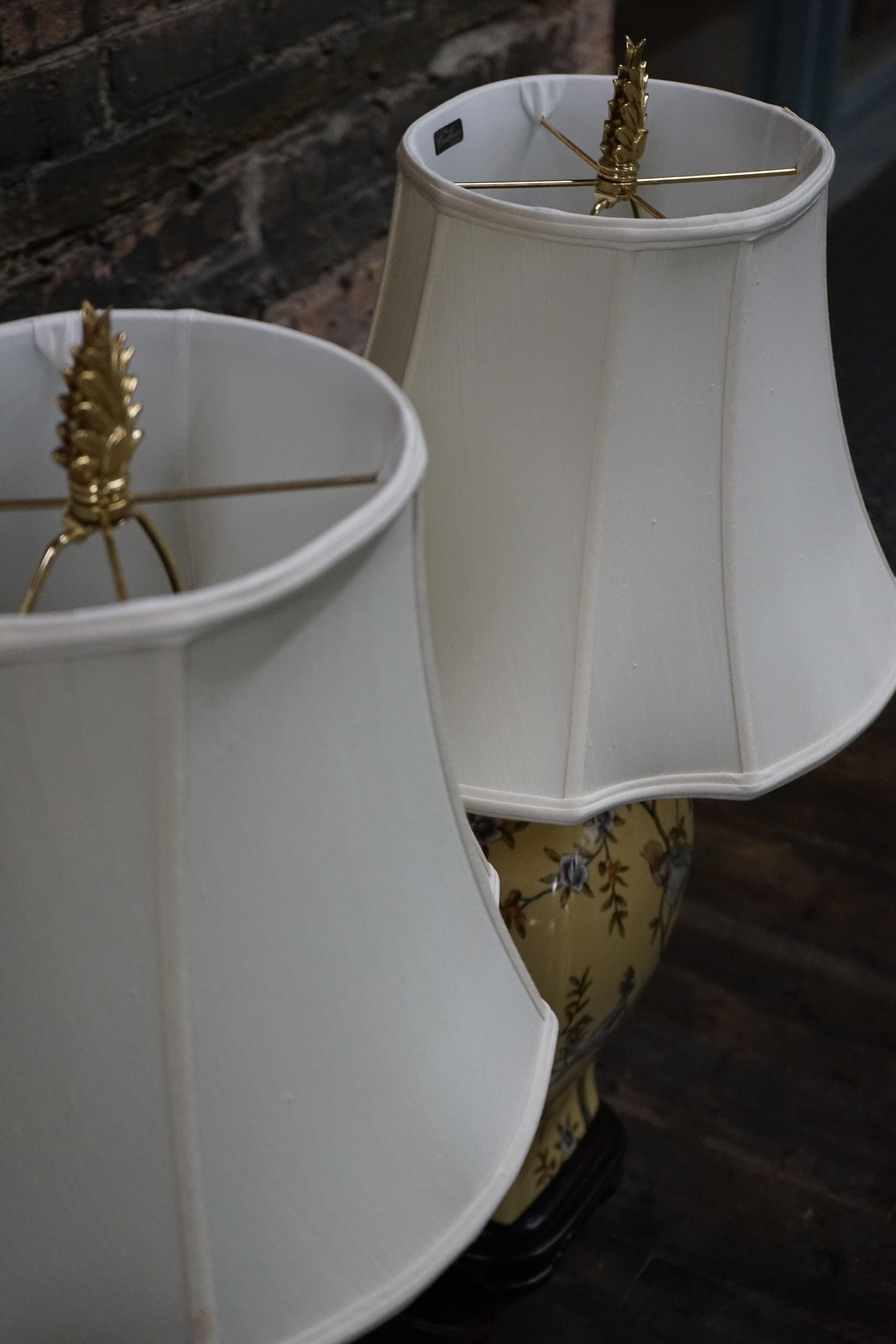 Pair of Bradburn Hand Painted Yellow Ceramic Table Lamps with Birds and Flora For Sale 2