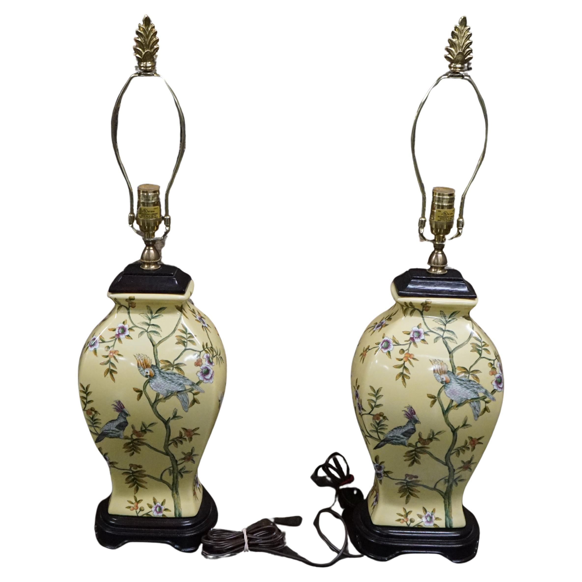 Pair of Bradburn Hand Painted Yellow Ceramic Table Lamps with Birds and Flora For Sale