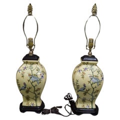 Pair of Bradburn Hand Painted Yellow Ceramic Table Lamps with Birds and Flora