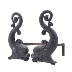 Pair of Bradley & Hubbard cast iron dolphin form andirons, c. 1900