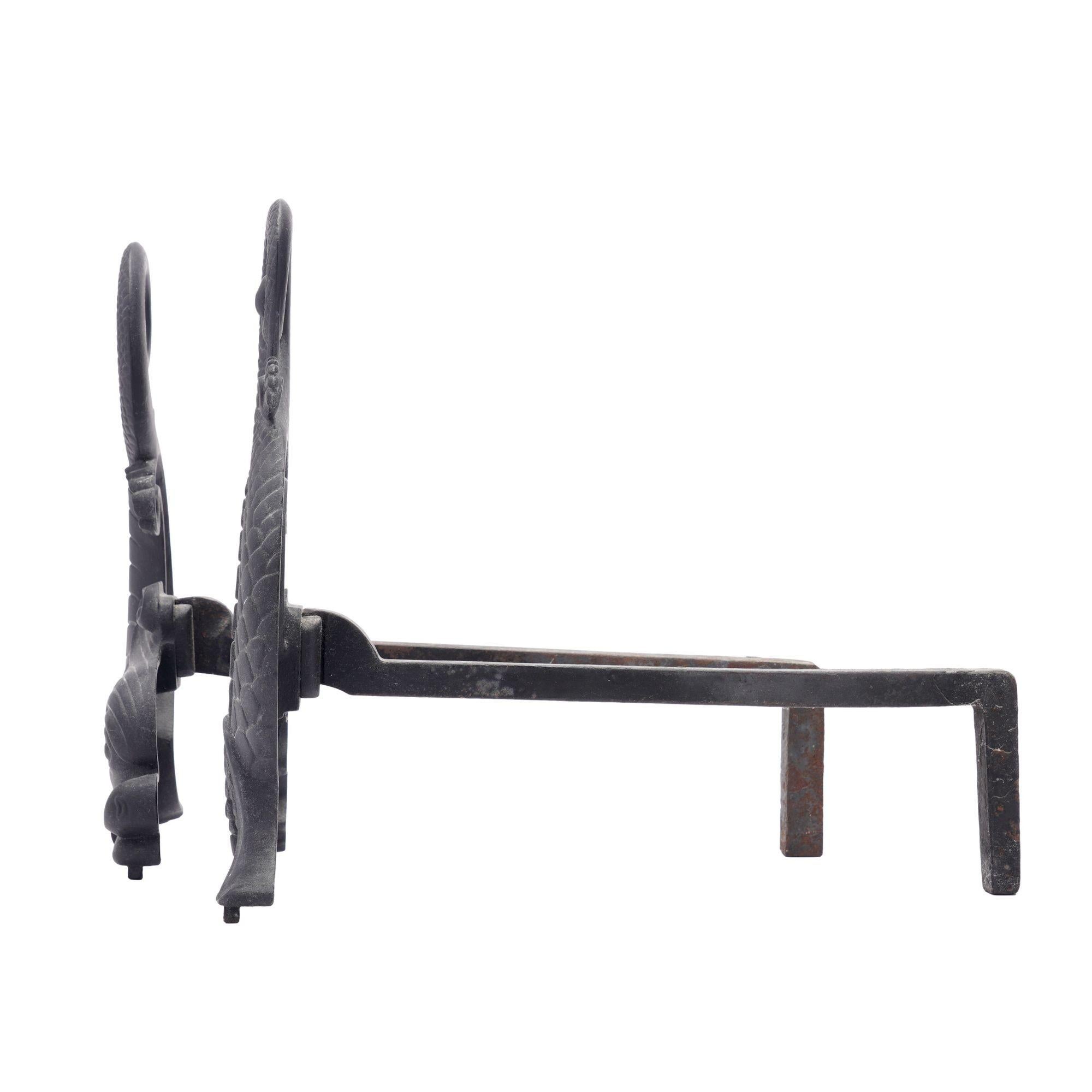 American Pair of Bradley & Hubbard cast iron dolphin form andirons, c. 1900 For Sale