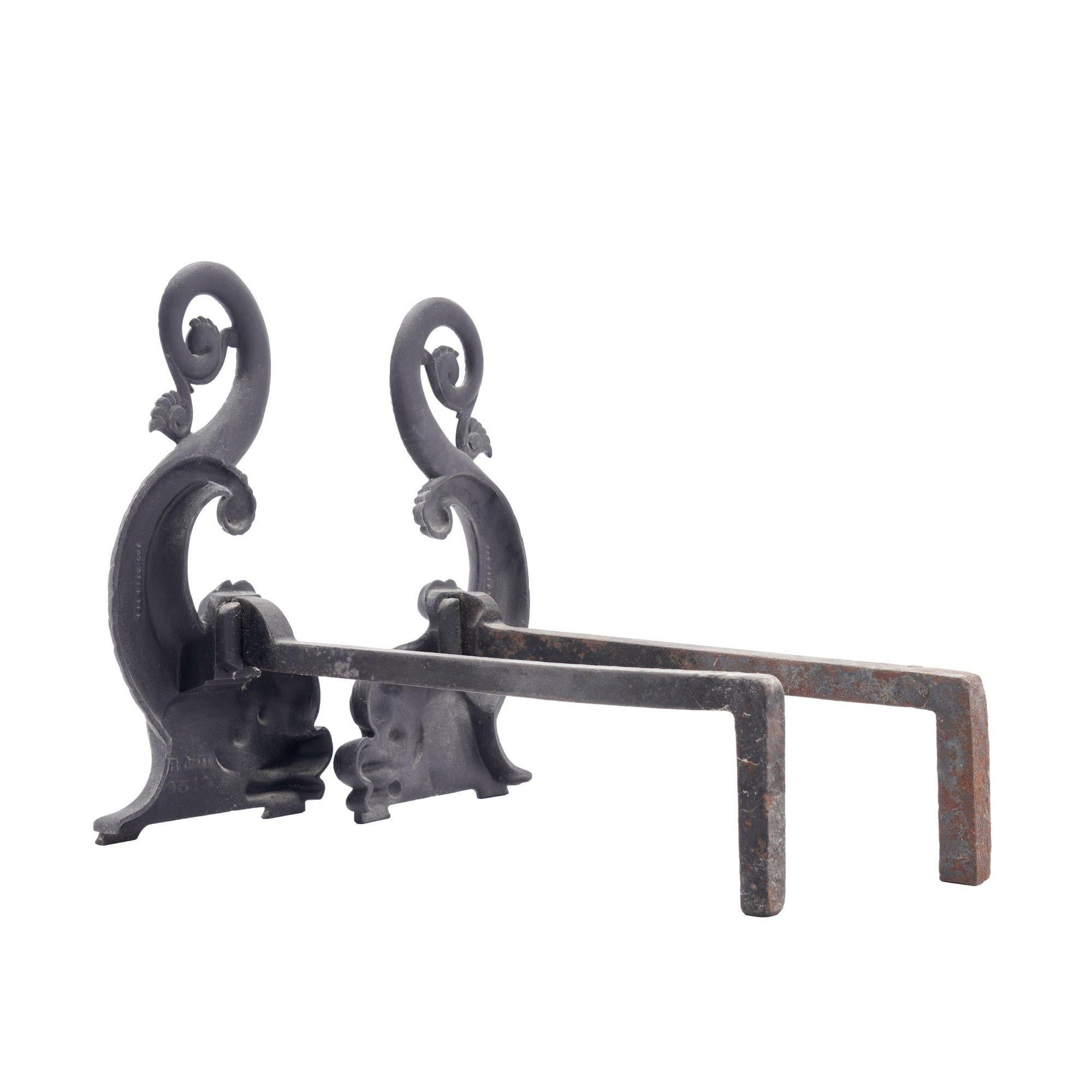 Pair of Bradley & Hubbard cast iron dolphin form andirons, c. 1900 In Good Condition For Sale In Kenilworth, IL