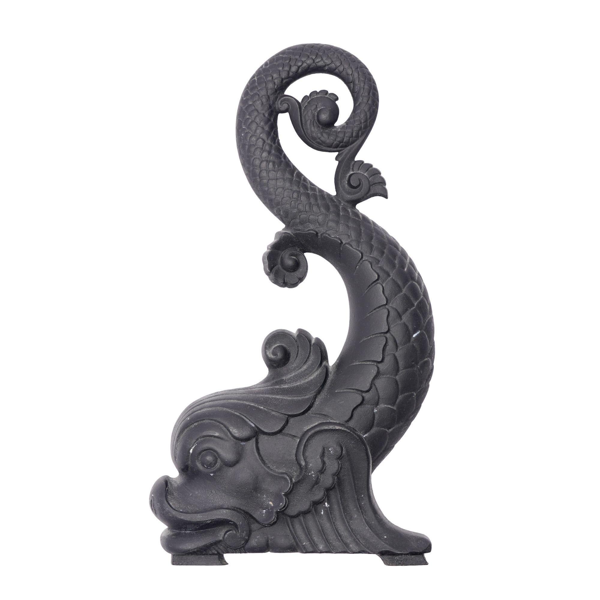 Iron Pair of Bradley & Hubbard cast iron dolphin form andirons, c. 1900 For Sale