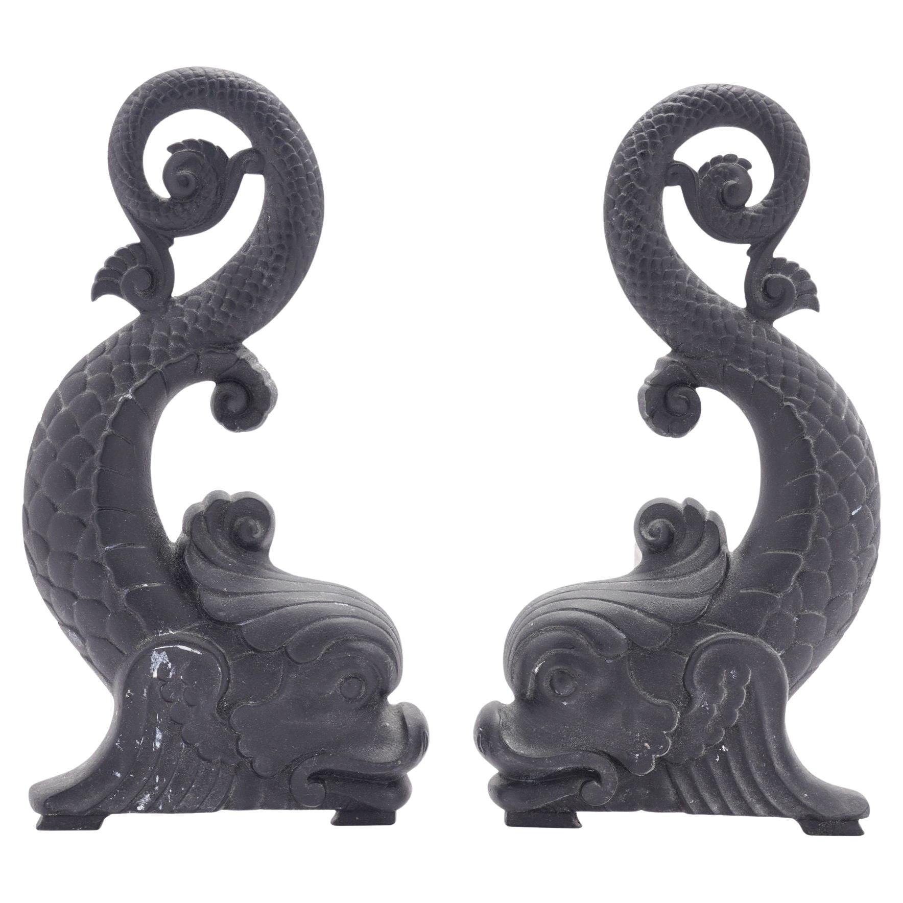 Pair of Bradley & Hubbard cast iron dolphin form andirons, c. 1900 For Sale