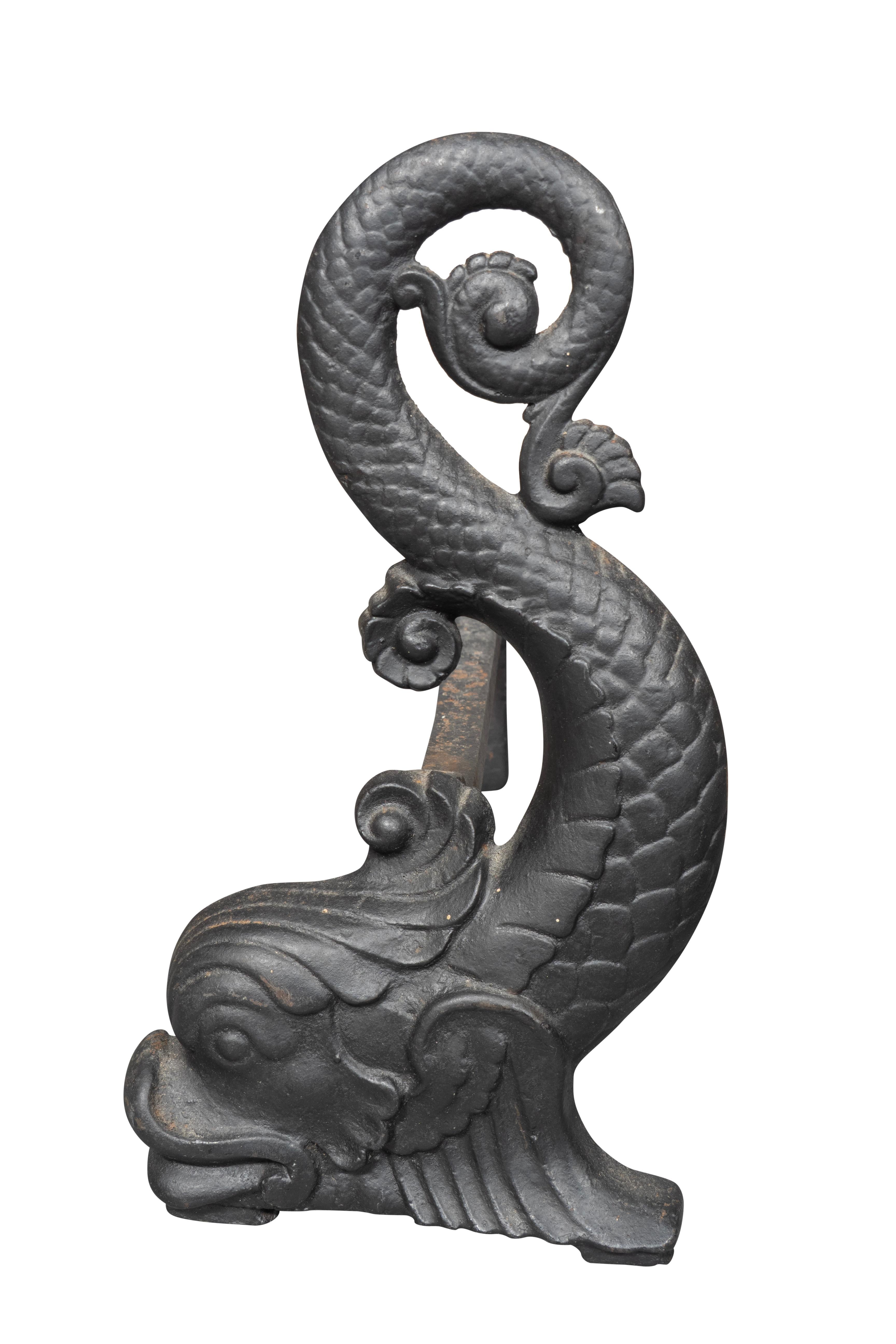 American Pair Of Bradley & Hubbard Dolphin Form Cast Iron Andirons For Sale
