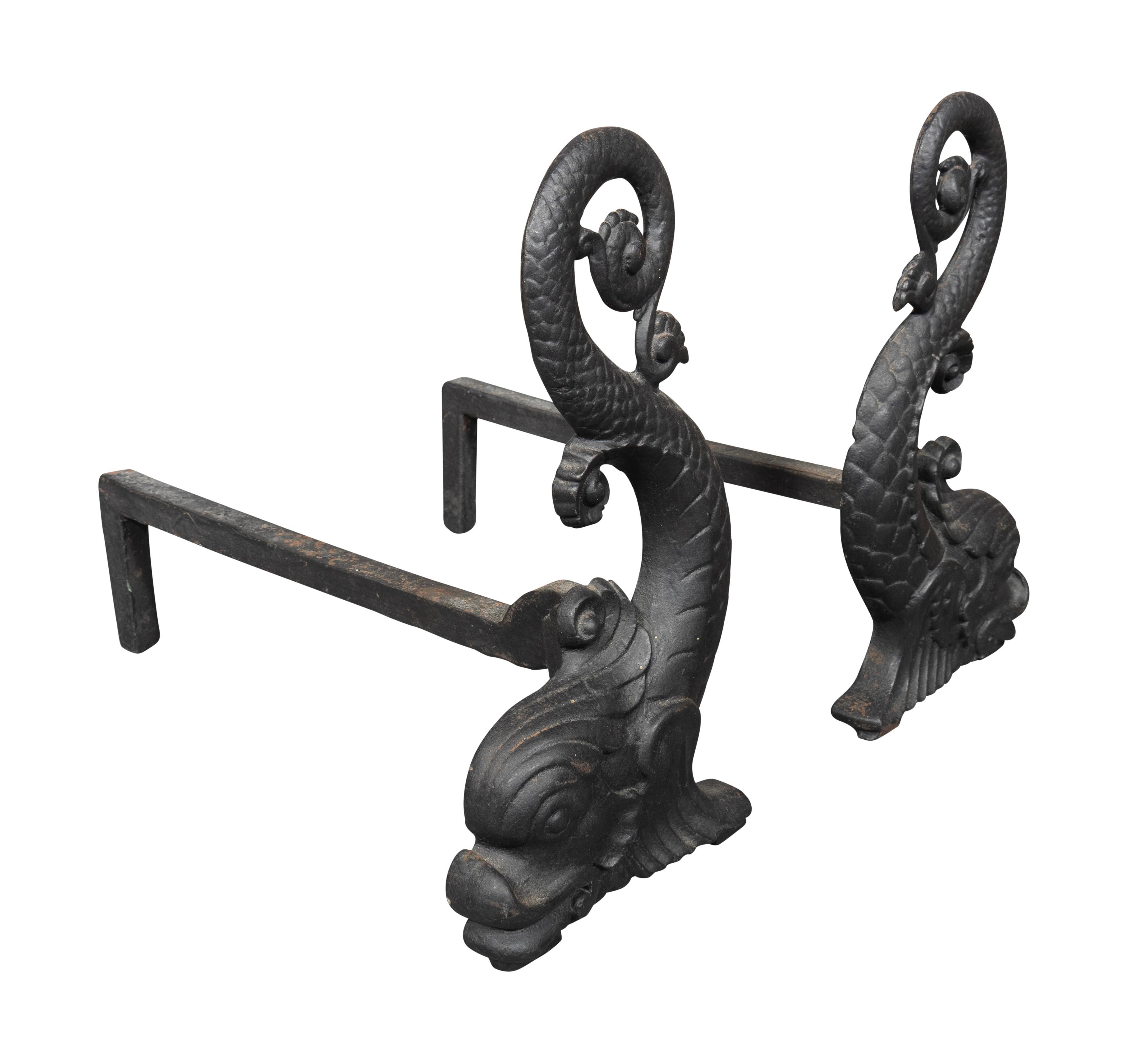 Pair Of Bradley & Hubbard Dolphin Form Cast Iron Andirons In Good Condition For Sale In Essex, MA