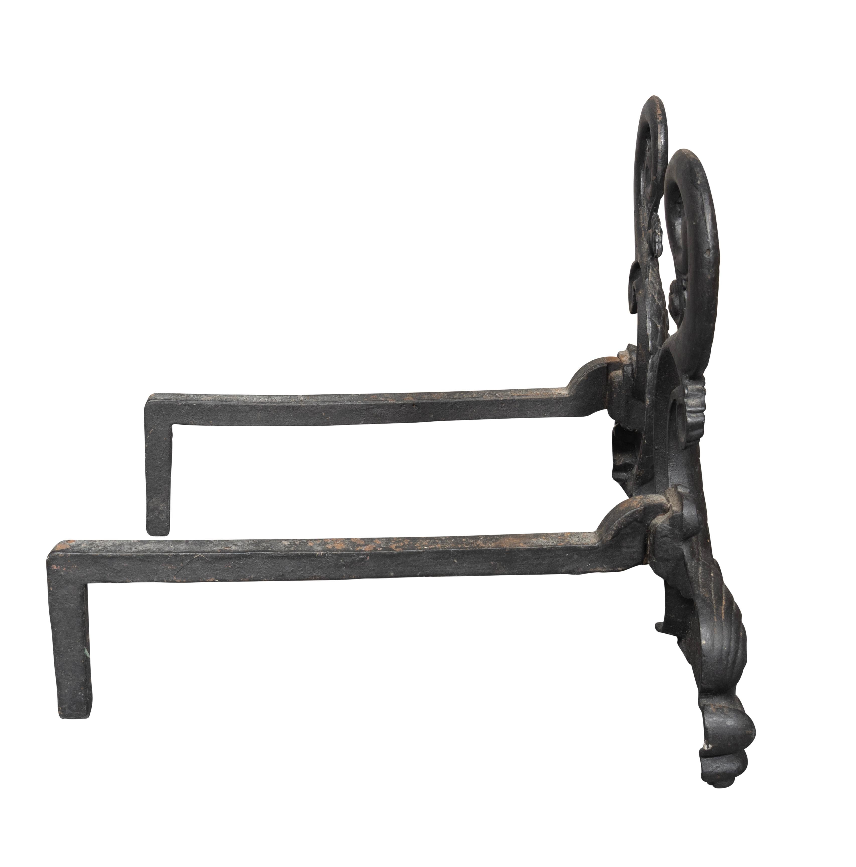 Late 19th Century Pair Of Bradley & Hubbard Dolphin Form Cast Iron Andirons For Sale
