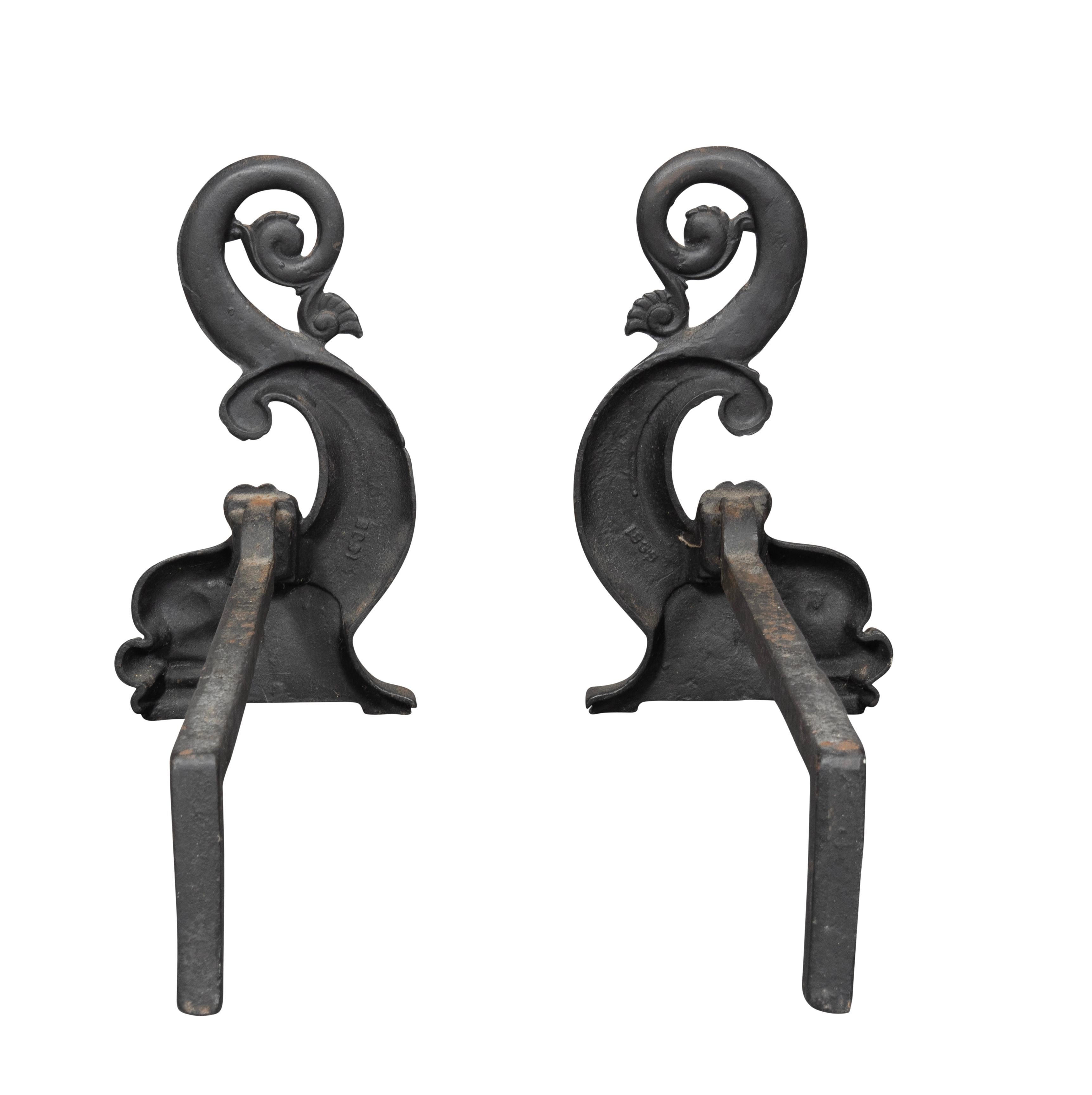 Pair Of Bradley & Hubbard Dolphin Form Cast Iron Andirons For Sale 1