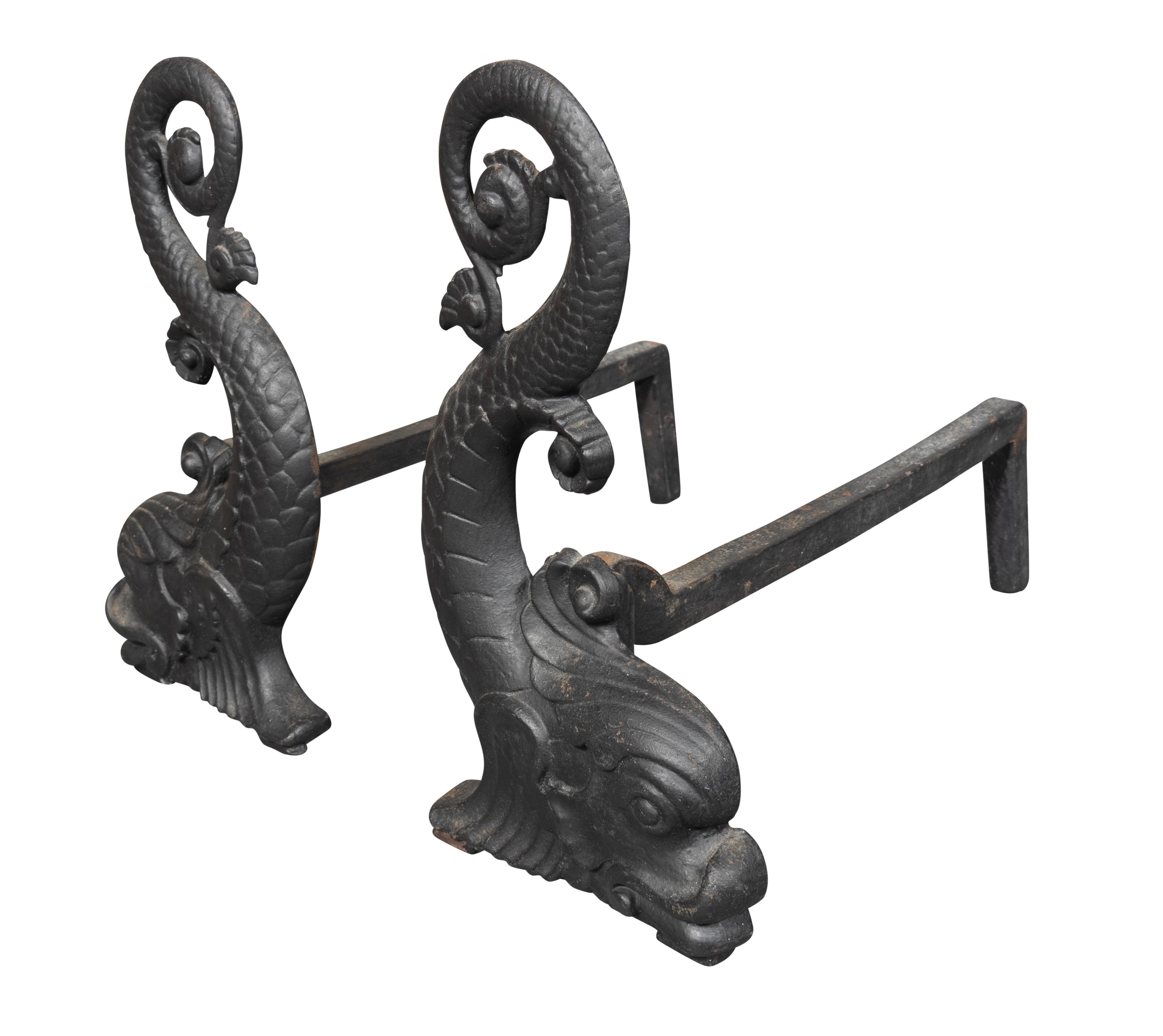 Pair Of Bradley & Hubbard Dolphin Form Cast Iron Andirons For Sale 3