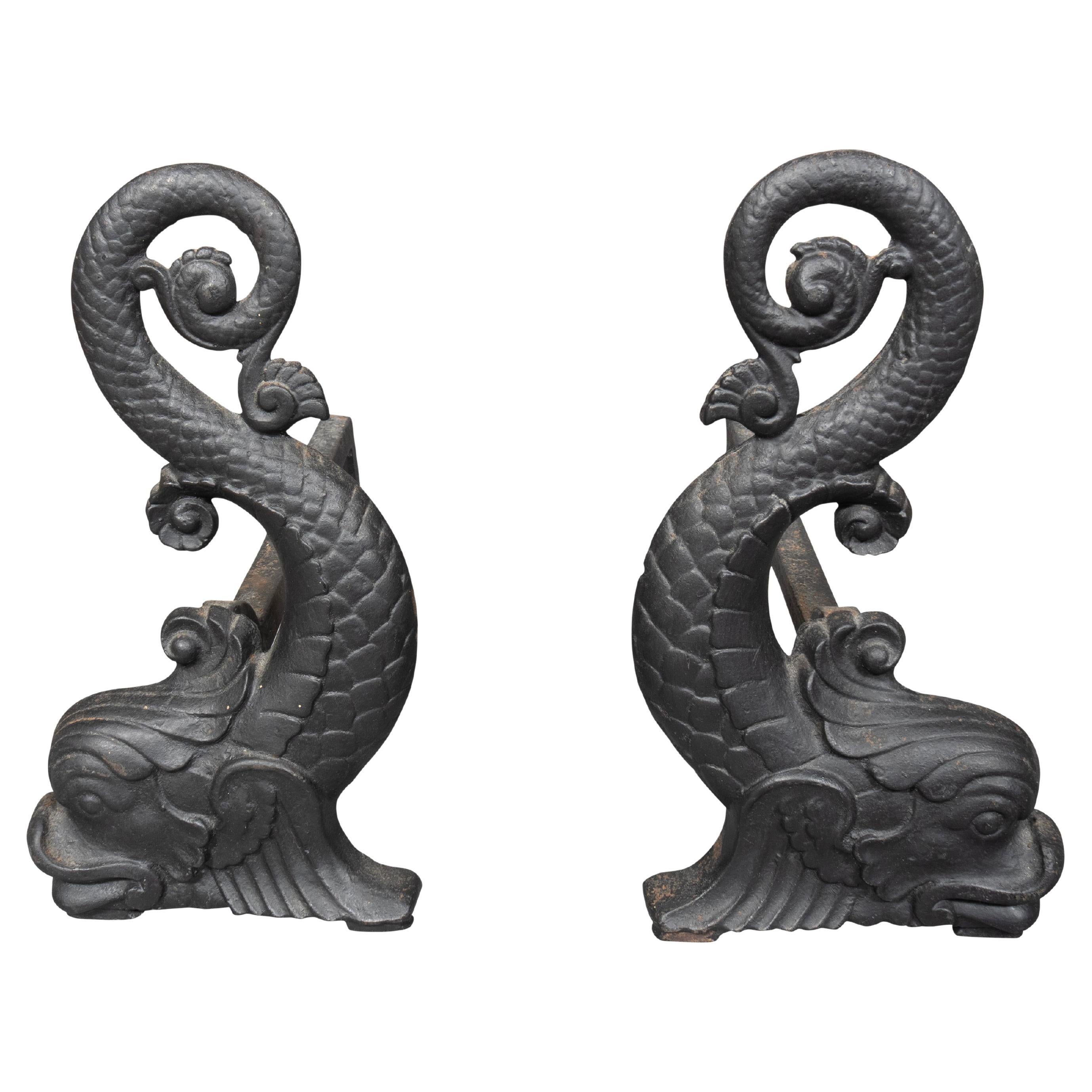 Pair Of Bradley & Hubbard Dolphin Form Cast Iron Andirons