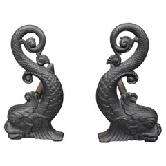 Pair Of Bradley & Hubbard Dolphin Form Cast Iron Andirons