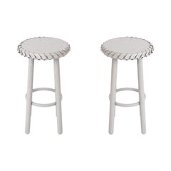 Pair of Braided Gray Wood Counter Stools with Gray Leather by Debra Folz